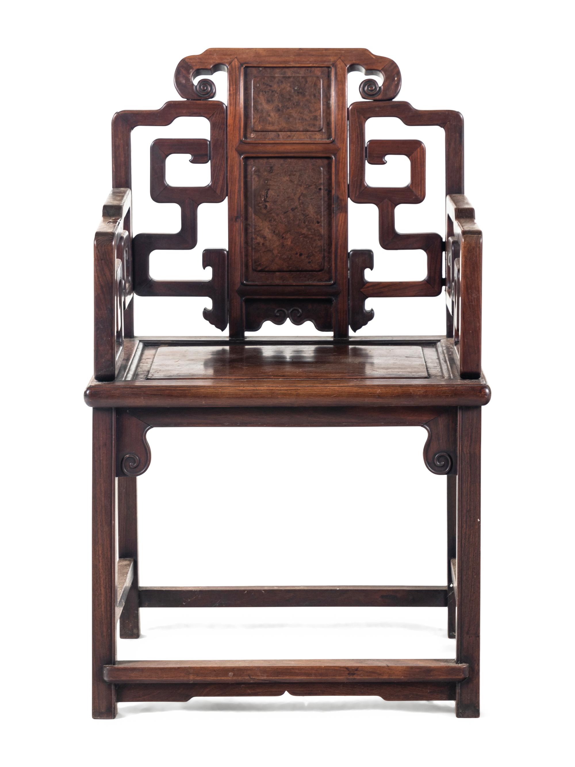 A Chinese Burlwood Inset Hardwood Armchair