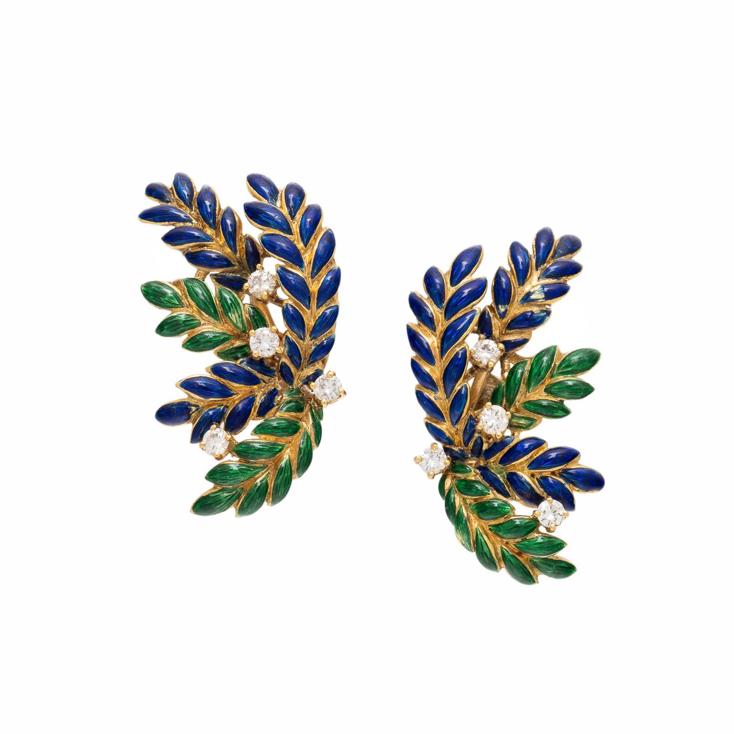 Enamel, Yellow Gold, and Diamond Leaf Earrings