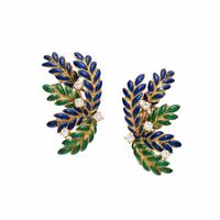 Enamel, Yellow Gold, and Diamond Leaf Earrings