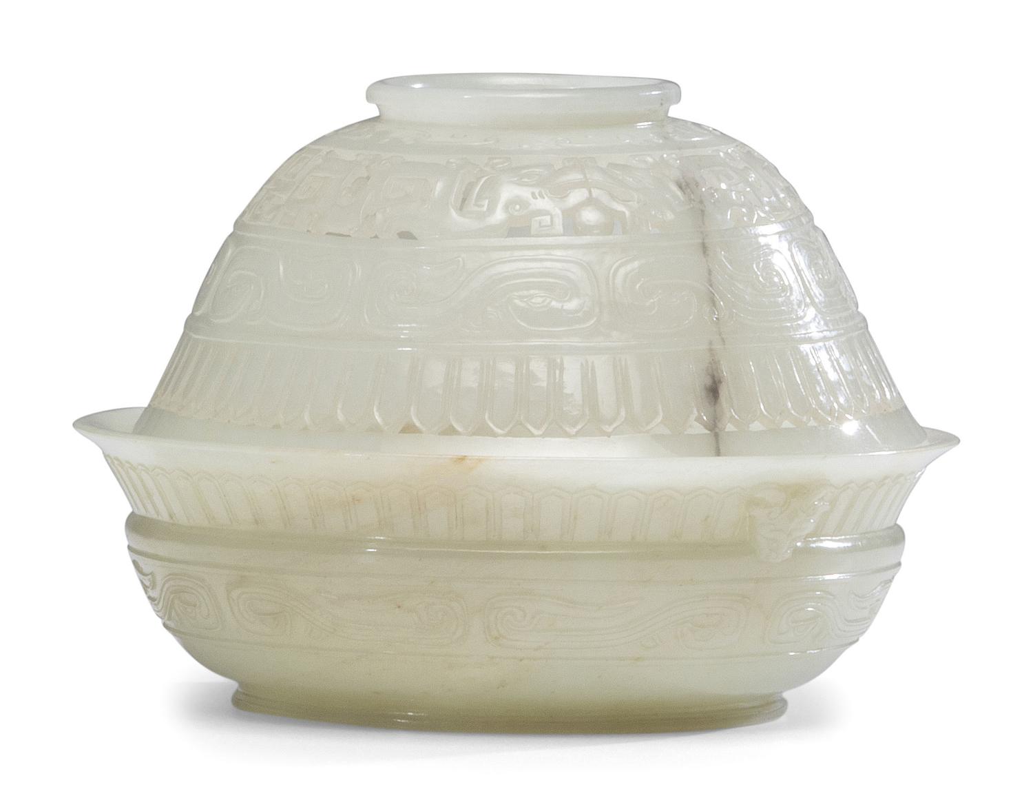 A Chinese Carved and Pierced 'Archaistic' White Jade Bowl and Cover