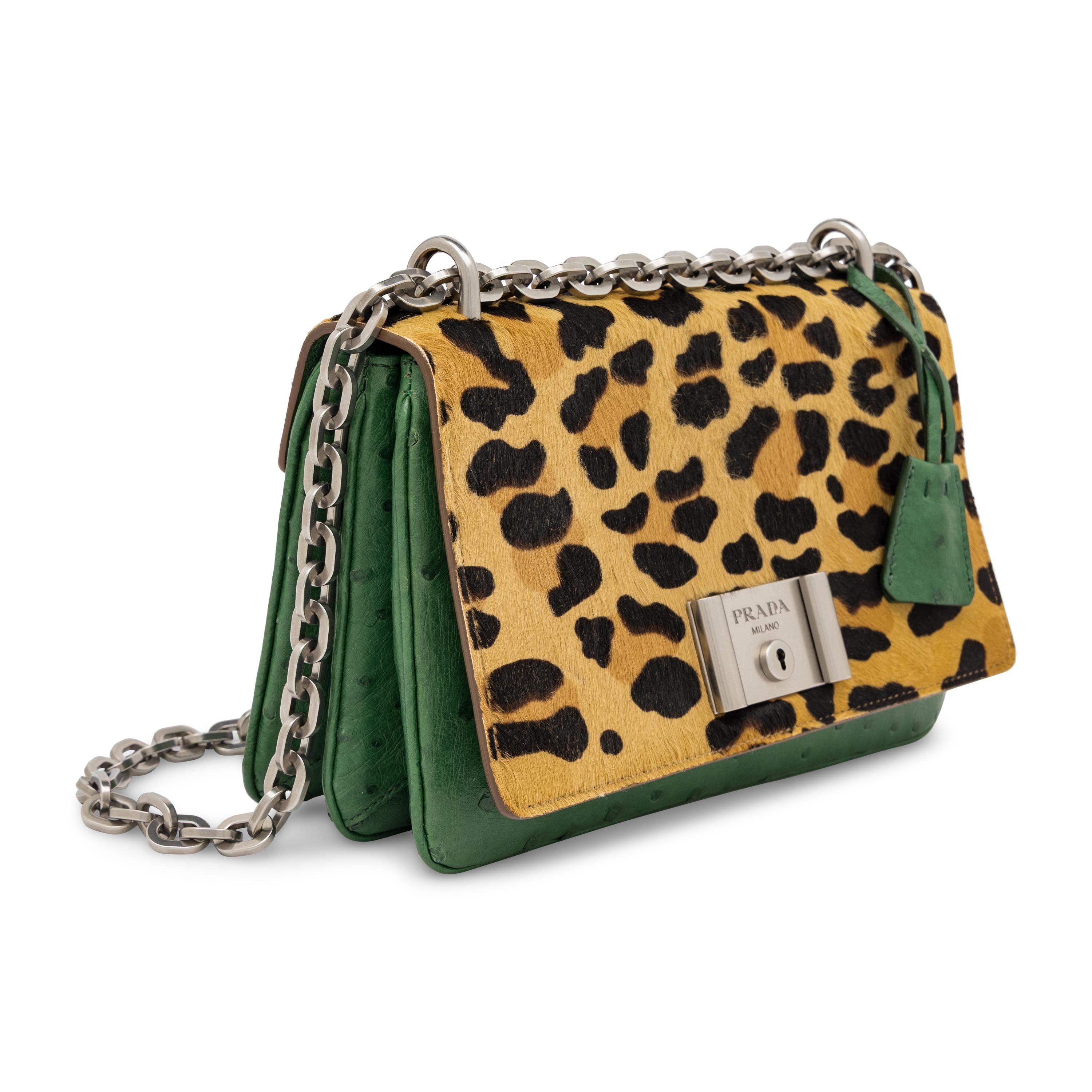 Prada, Shoulder Bag in Leopard-Print Pony Hair & Green Ostrich