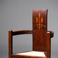 Attributed to Harvey Ellis (American, 1852–1904) — Rare Inlaid Oak Arm Chair, c. 1904 for Stickley Bros. "Quaint"