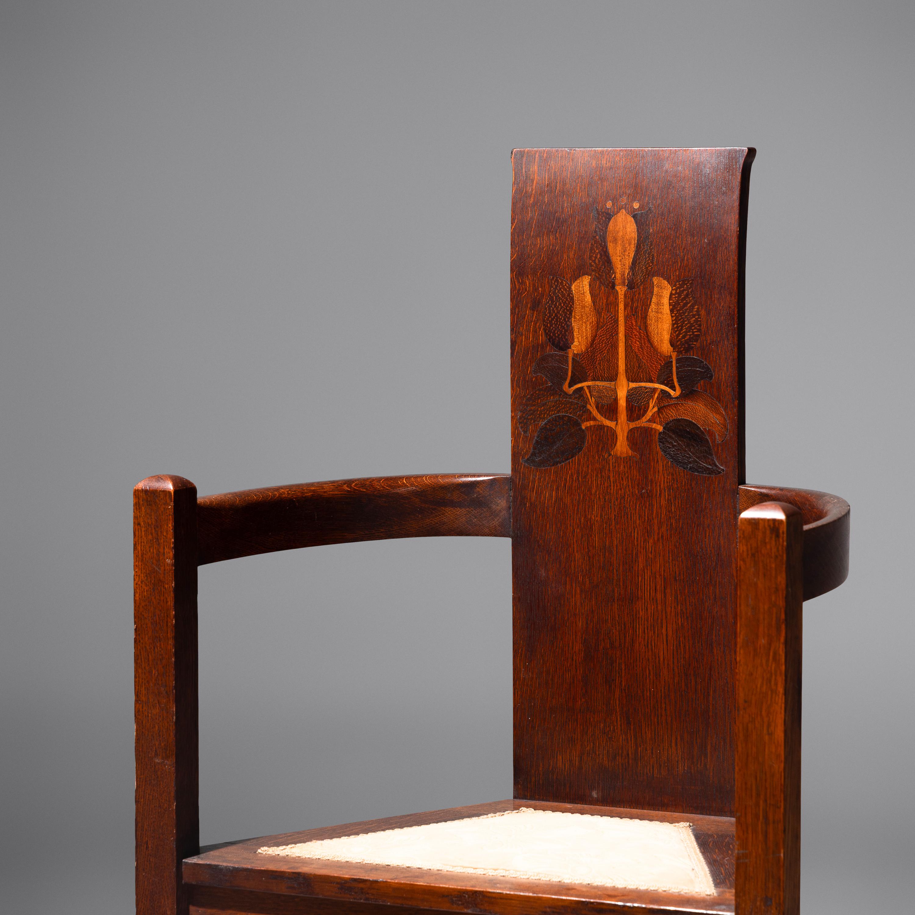 Attributed to Harvey Ellis (American, 1852–1904) — Rare Inlaid Oak Arm Chair, c. 1904 for Stickley Bros. "Quaint"