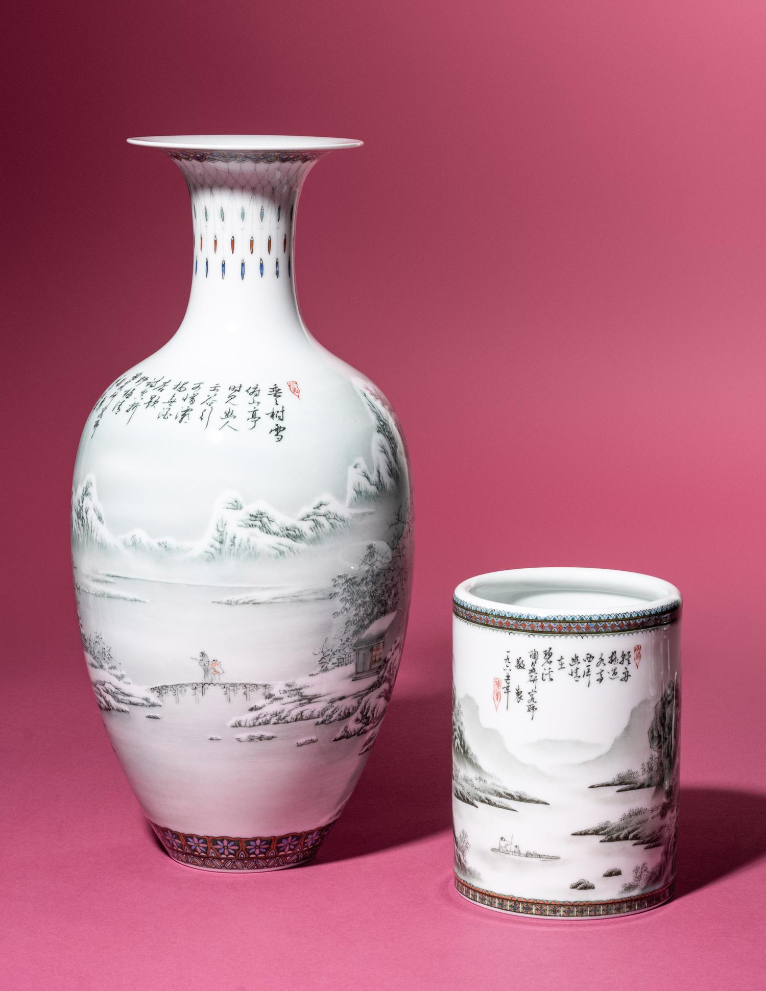 A Set of Seven Grisaille Decorated Porcelain Wares
