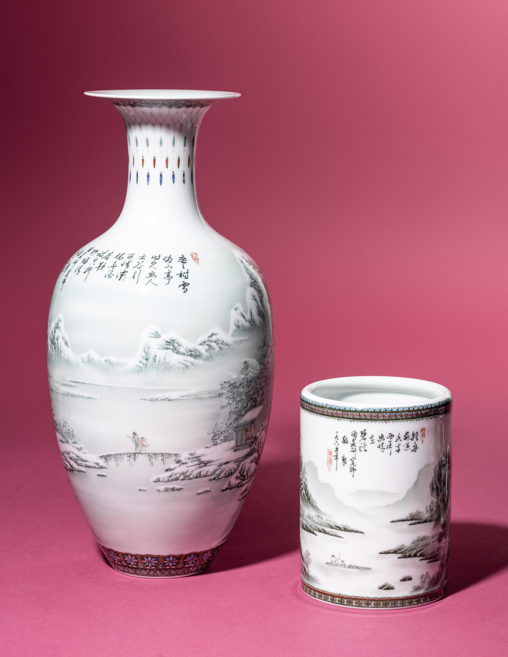 A Set of Seven Grisaille Decorated Porcelain Wares