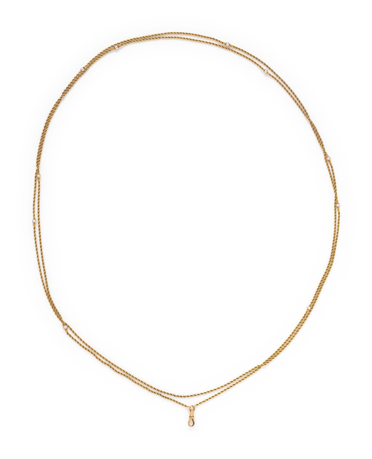 YELLOW GOLD AND CULTURED PEARL FOB CHAIN NECKLACE