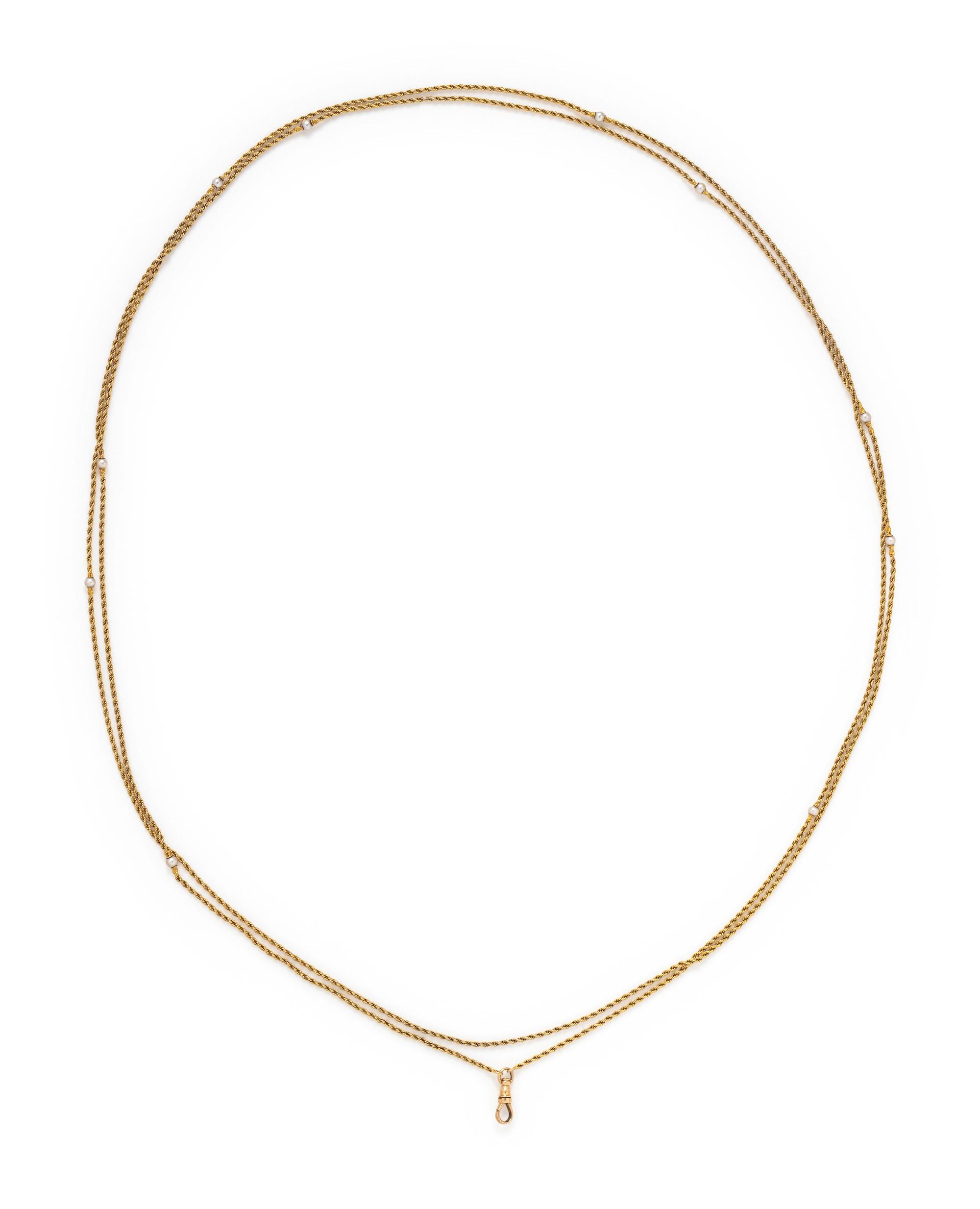 YELLOW GOLD AND CULTURED PEARL FOB CHAIN NECKLACE