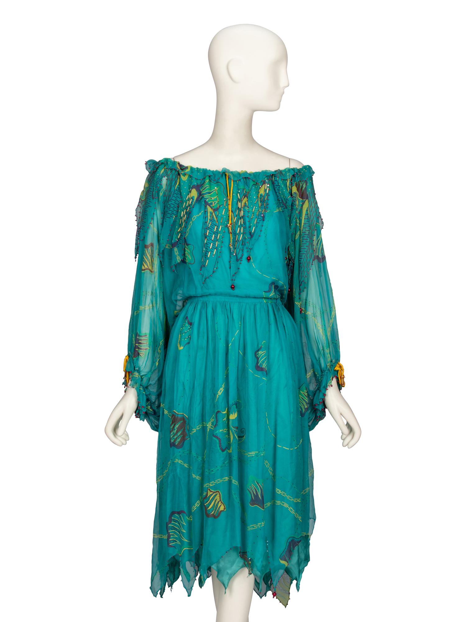 Zandra Rhodes, Painted Teal Silk Dress