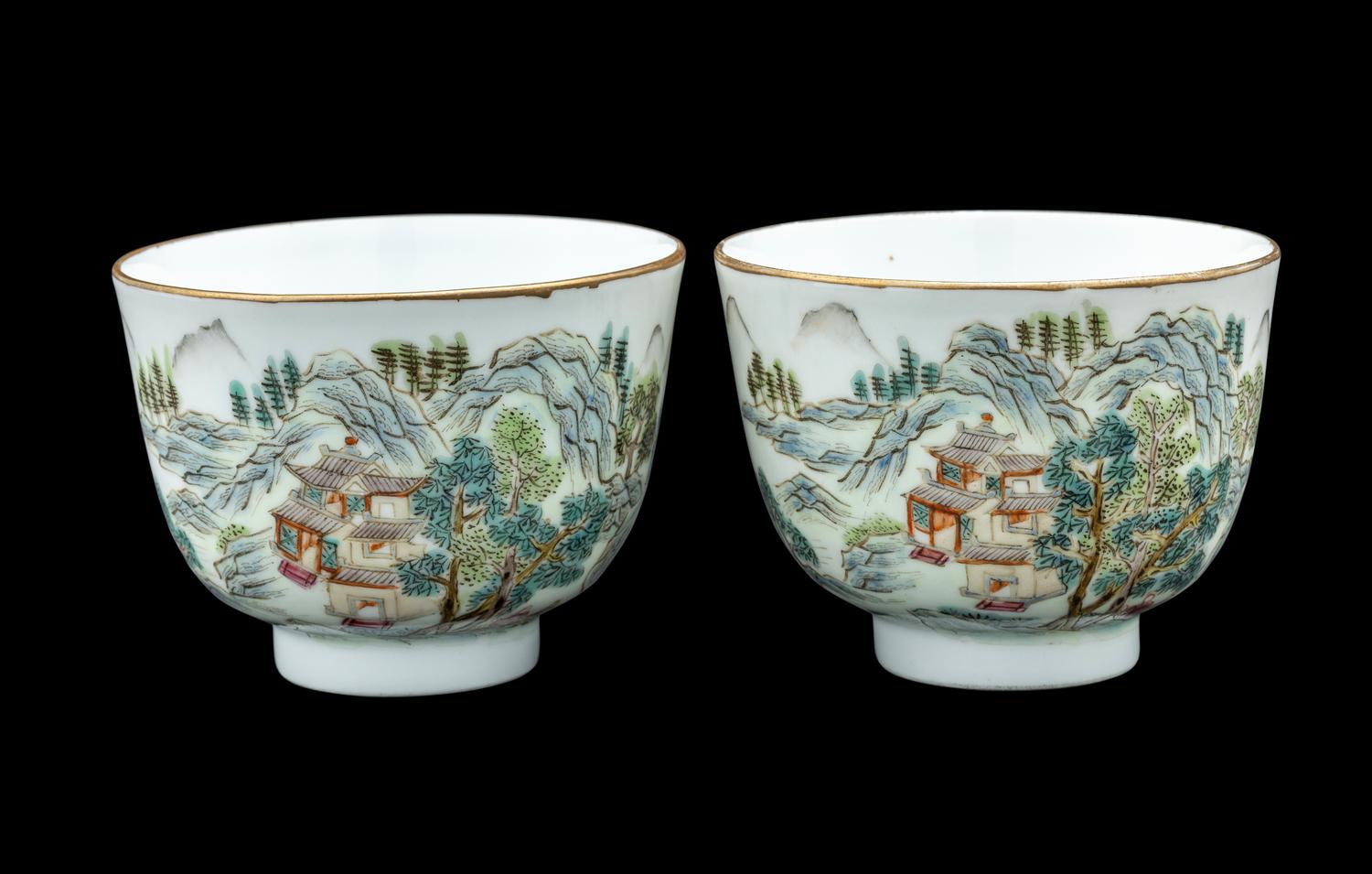 A Pair of Chinese Famille Rose Porcelain Cups and Saucers