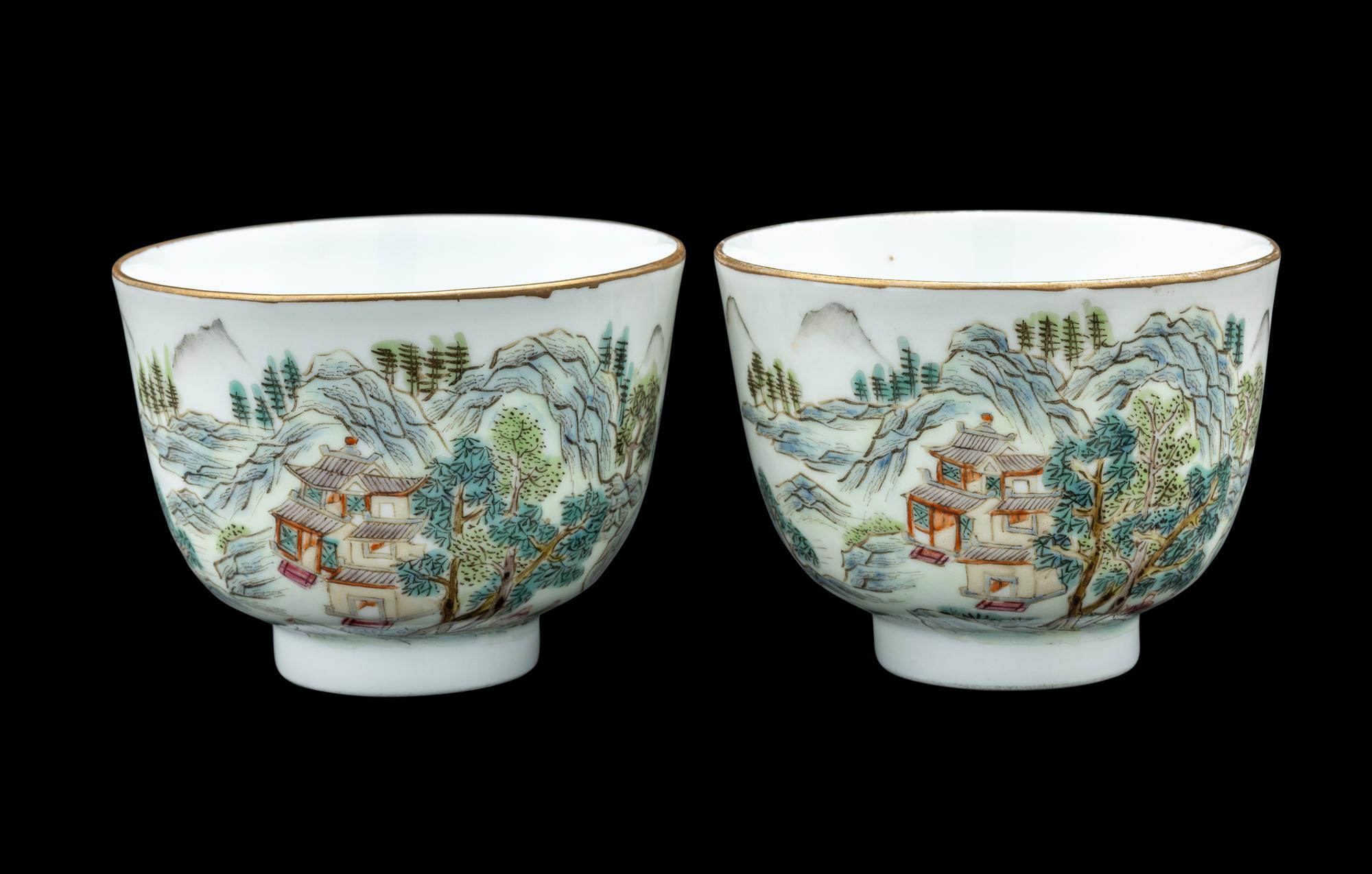 A Pair of Chinese Famille Rose Porcelain Cups and Saucers