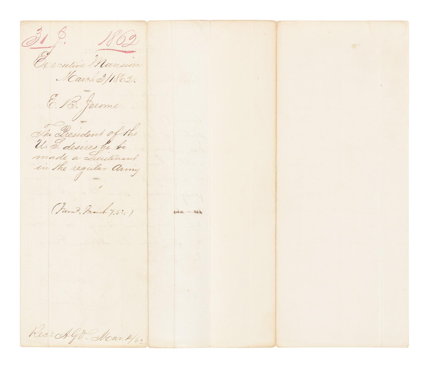 LINCOLN, Abraham (1809-1865). Autograph letter, signed ("A. Lincoln"), to Secretary of War Edwin Stanton. Executive Mansion, Washington, D.C., 3 March 1862.