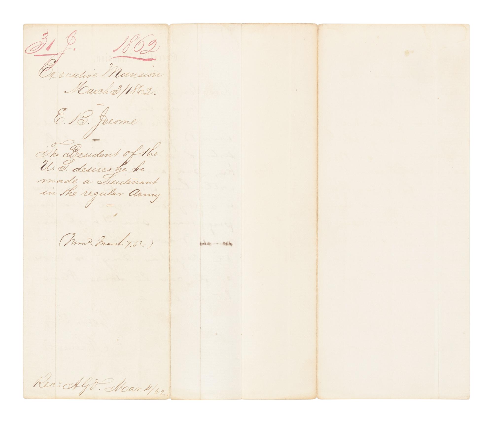 LINCOLN, Abraham (1809-1865). Autograph letter, signed ("A. Lincoln"), to Secretary of War Edwin Stanton. Executive Mansion, Washington, D.C., 3 March 1862.