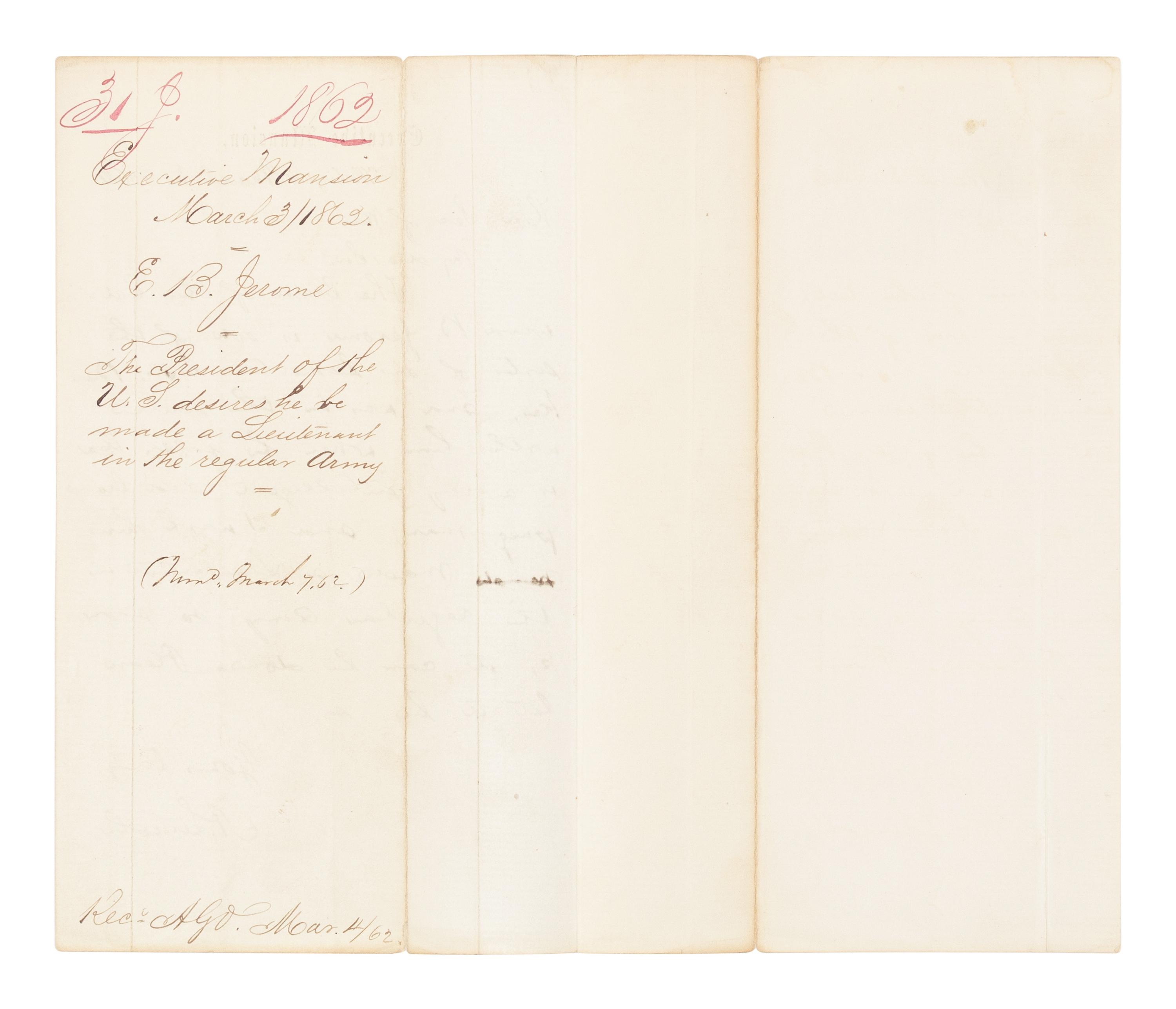 LINCOLN, Abraham (1809-1865). Autograph letter, signed ("A. Lincoln"), to Secretary of War Edwin Stanton. Executive Mansion, Washington, D.C., 3 March 1862.
