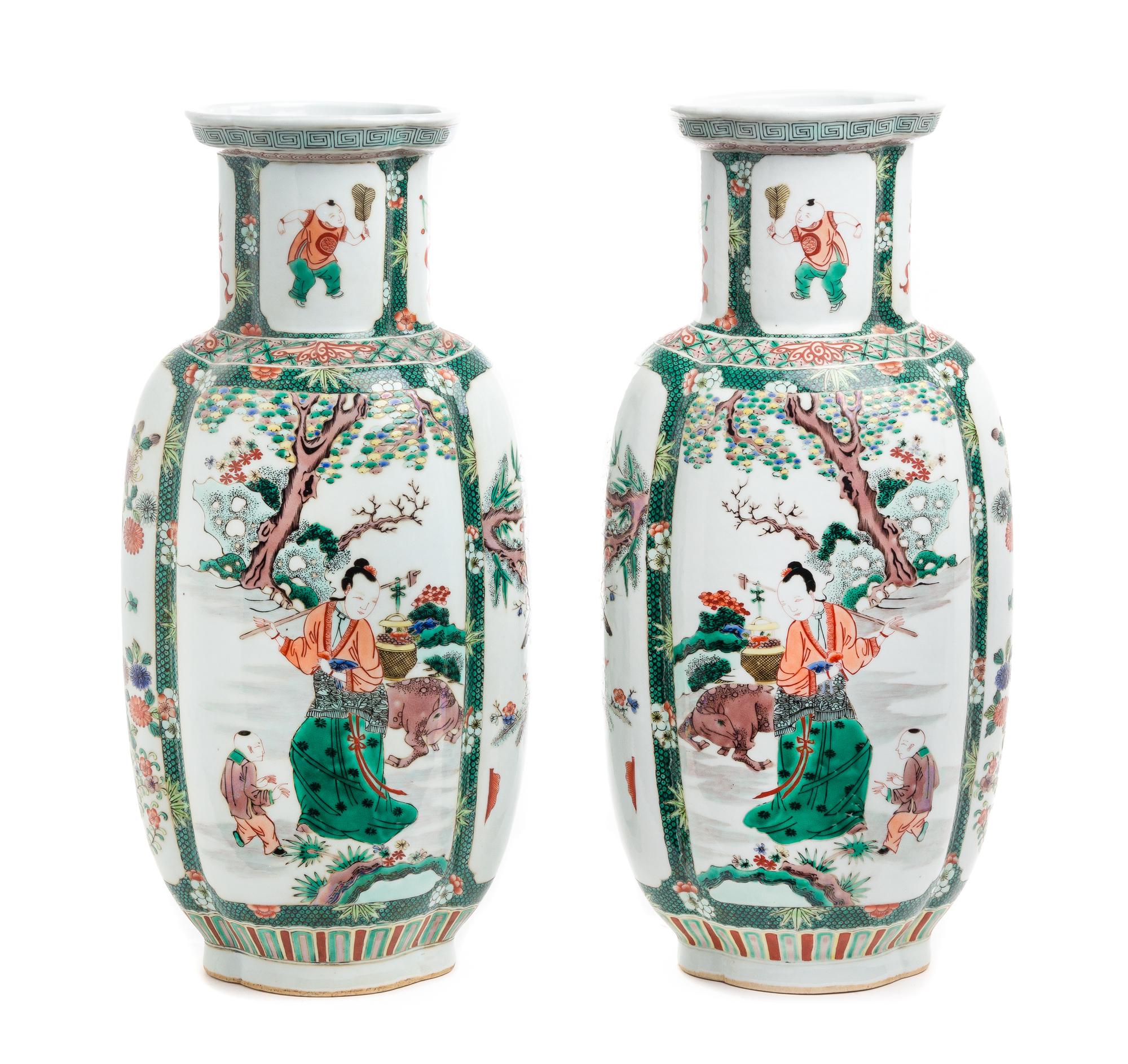 A Pair of Chinese Famille Verte Porcelain Vases Height 16 1/2 inches. — 20TH CENTURY