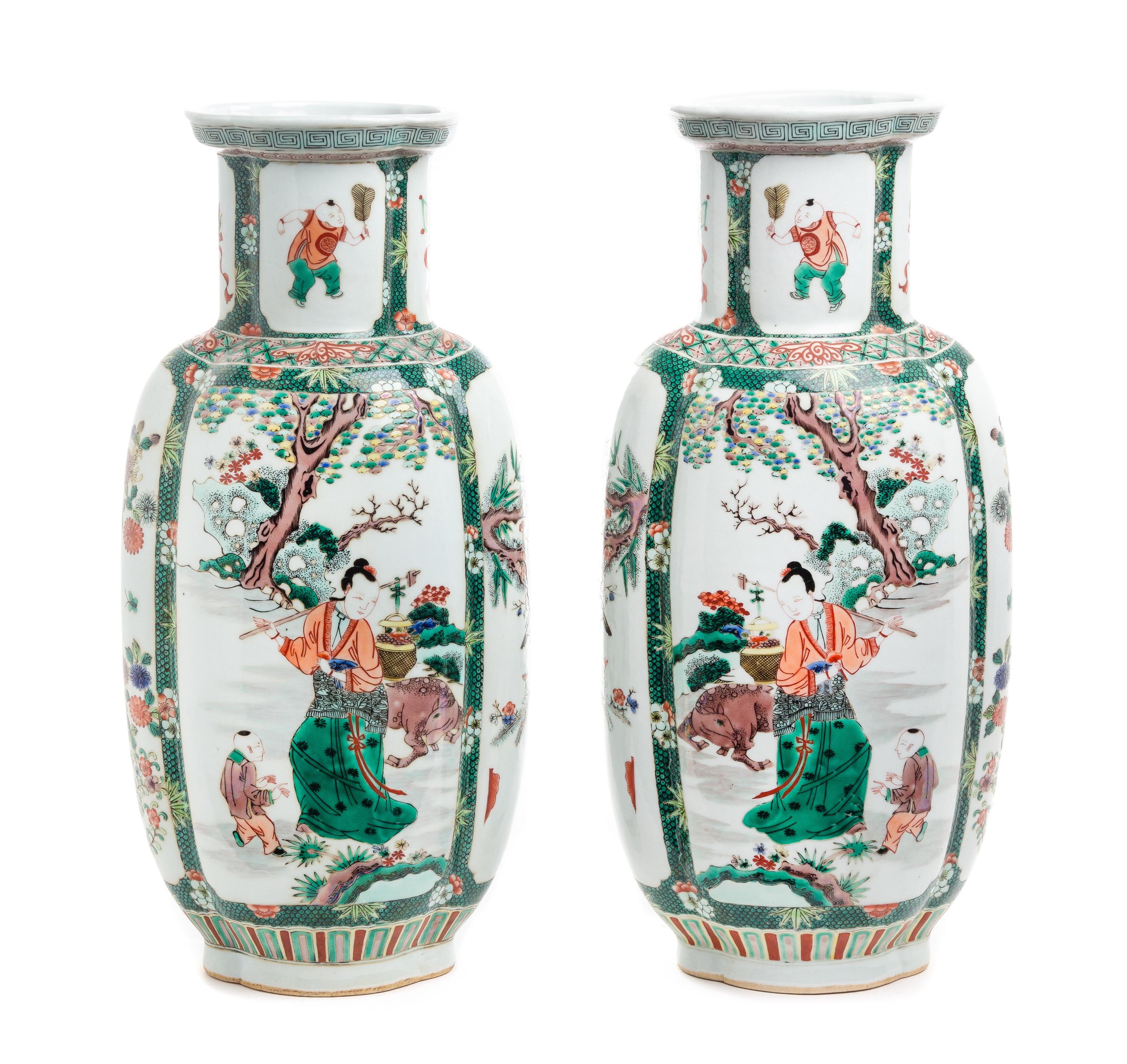 A Pair of Chinese Famille Verte Porcelain Vases Height 16 1/2 inches. — 20TH CENTURY