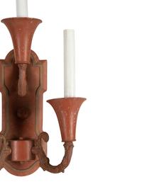 A Pair of Red and Gilt Decorated Tole Three-Light Wall Sconces