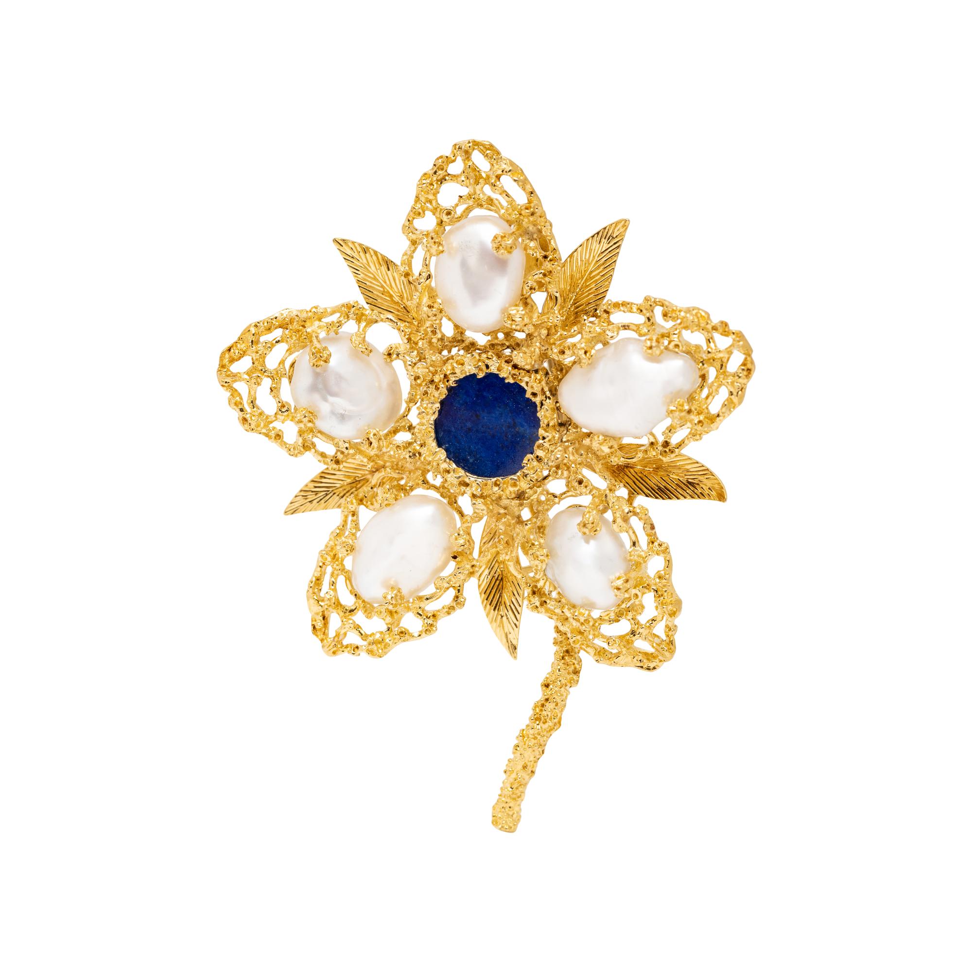 LAPIS LAZULI, CULTURED PEARL, AND YELLOW GOLD FLOWER BROOCH