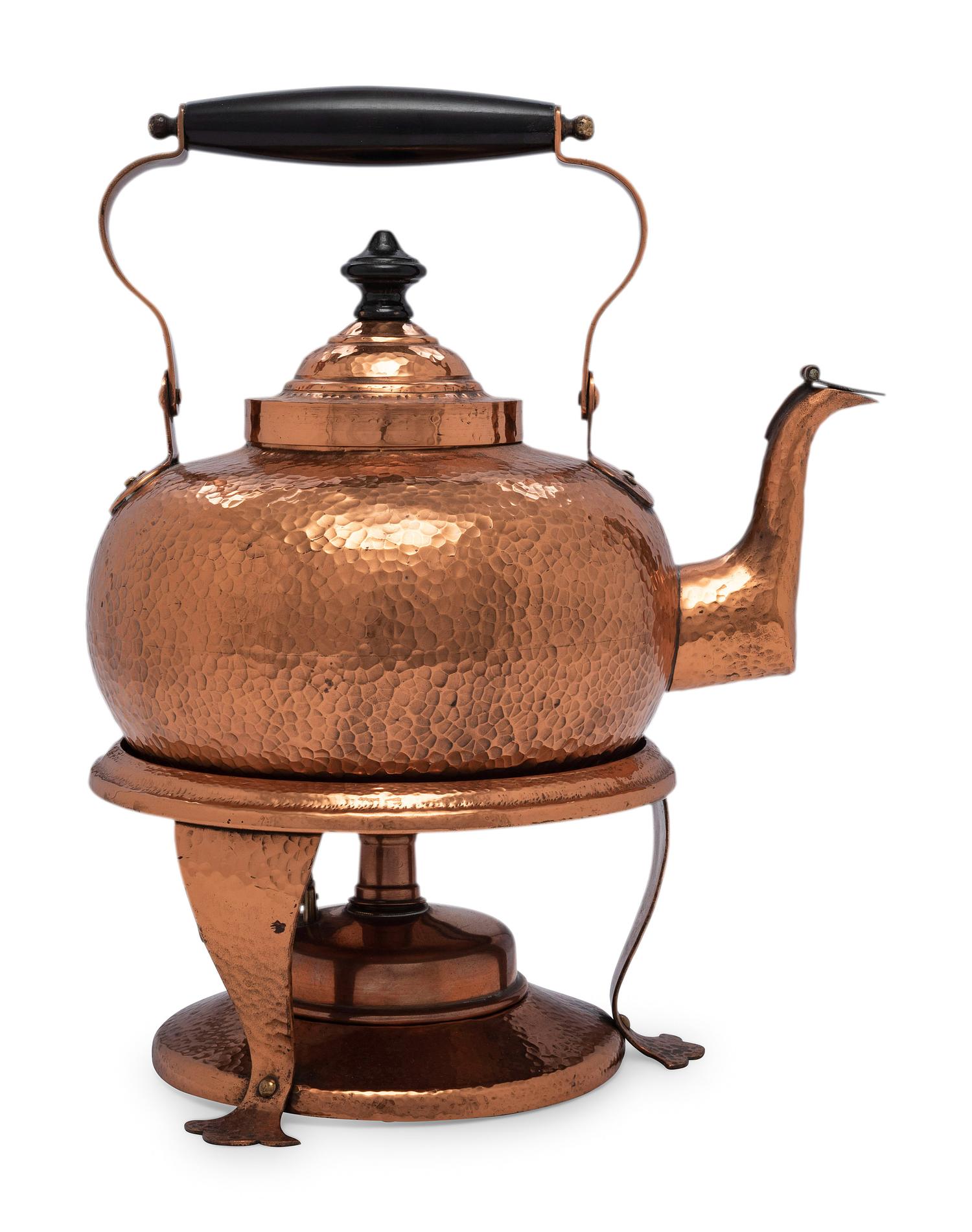 An American Hammered Copper Kettle on Stand