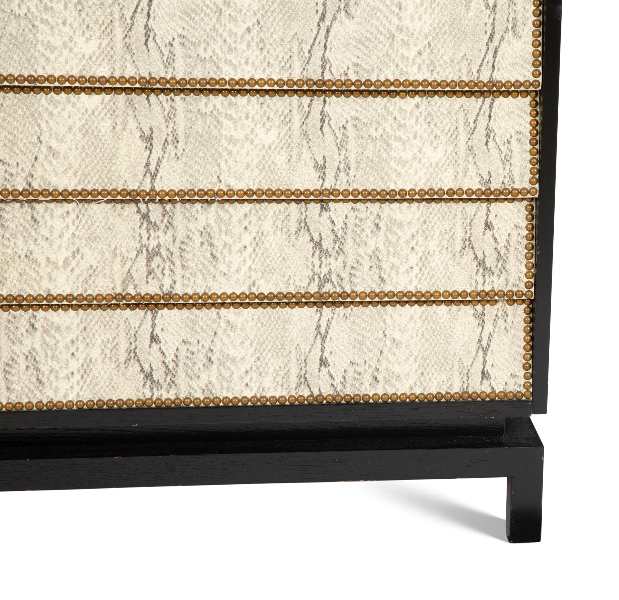A Pair of Custom Black Painted Chests of Drawers with Faux-Python Veneered Drawer Fronts