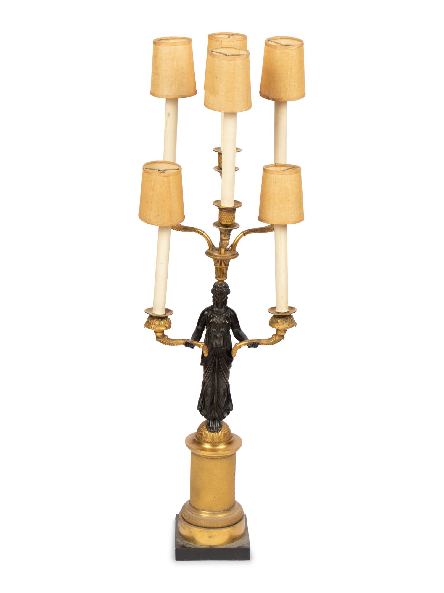An Empire Style Gilt and Patinated Bronze Figural Six-Light Candelabrum Mounted as a Lamp