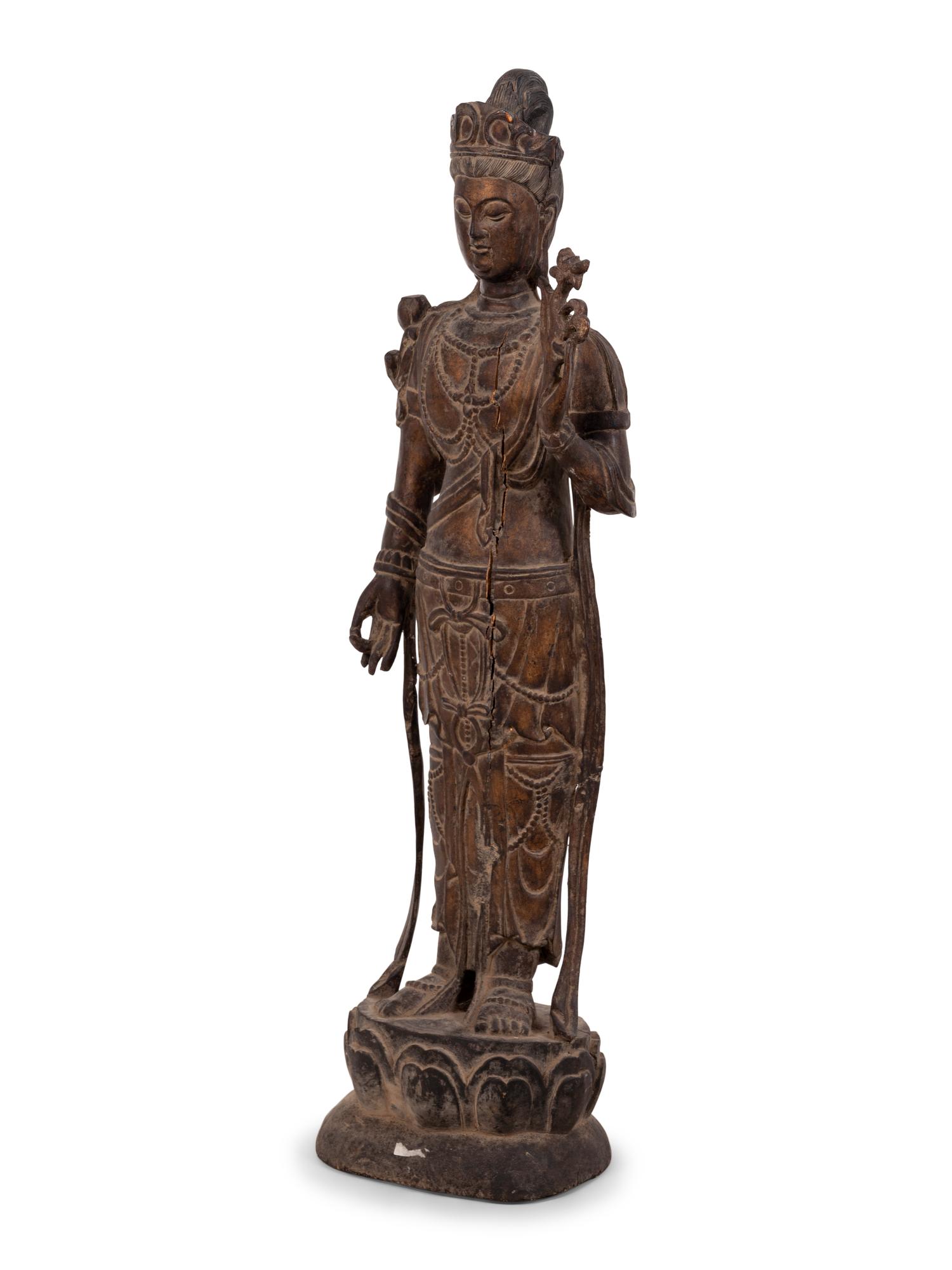 A Chinese Carved Wood Standing Guanyin Figure
