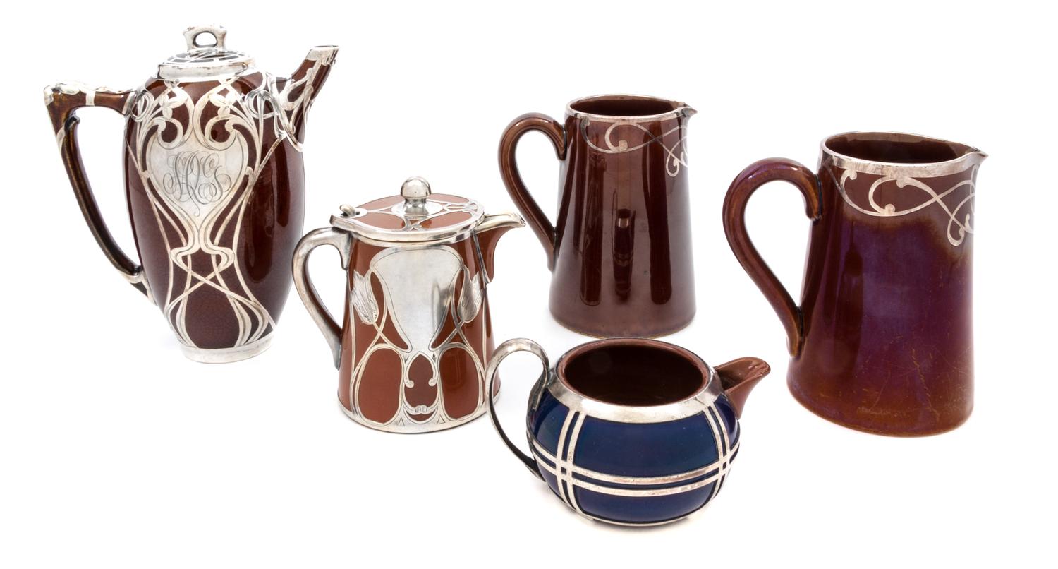 Five Silver Overlay Porcelain Articles Height of tallest 8 inches.