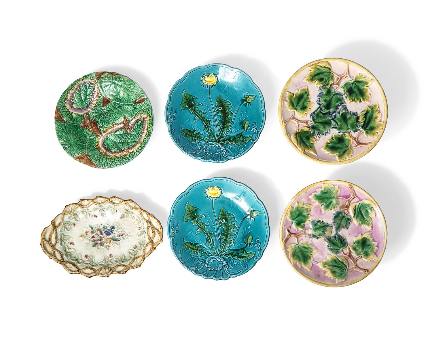 A Group of Six Majolica Cake Stands or Footed Compotes