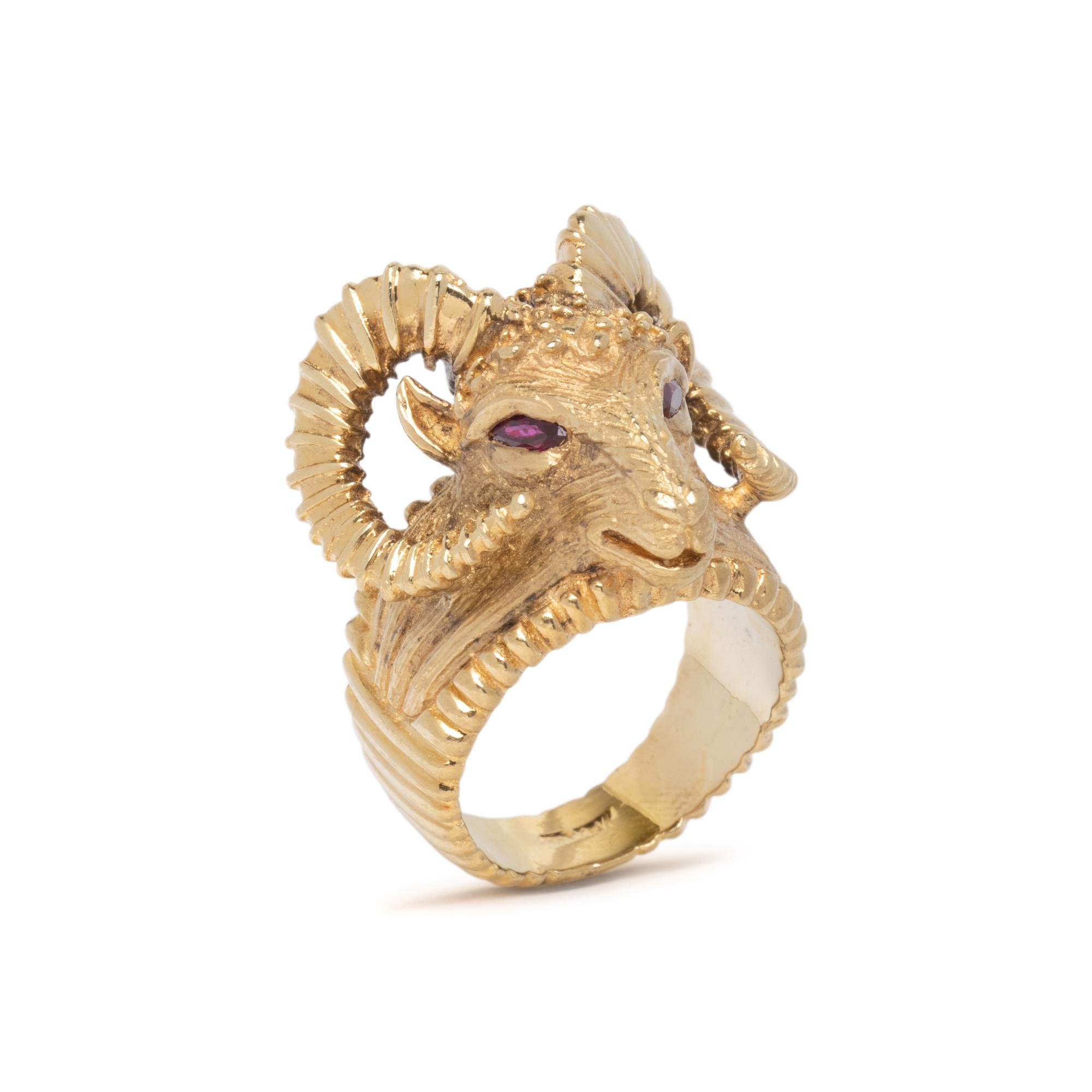 YELLOW GOLD AND RUBY RAM'S HEAD RING