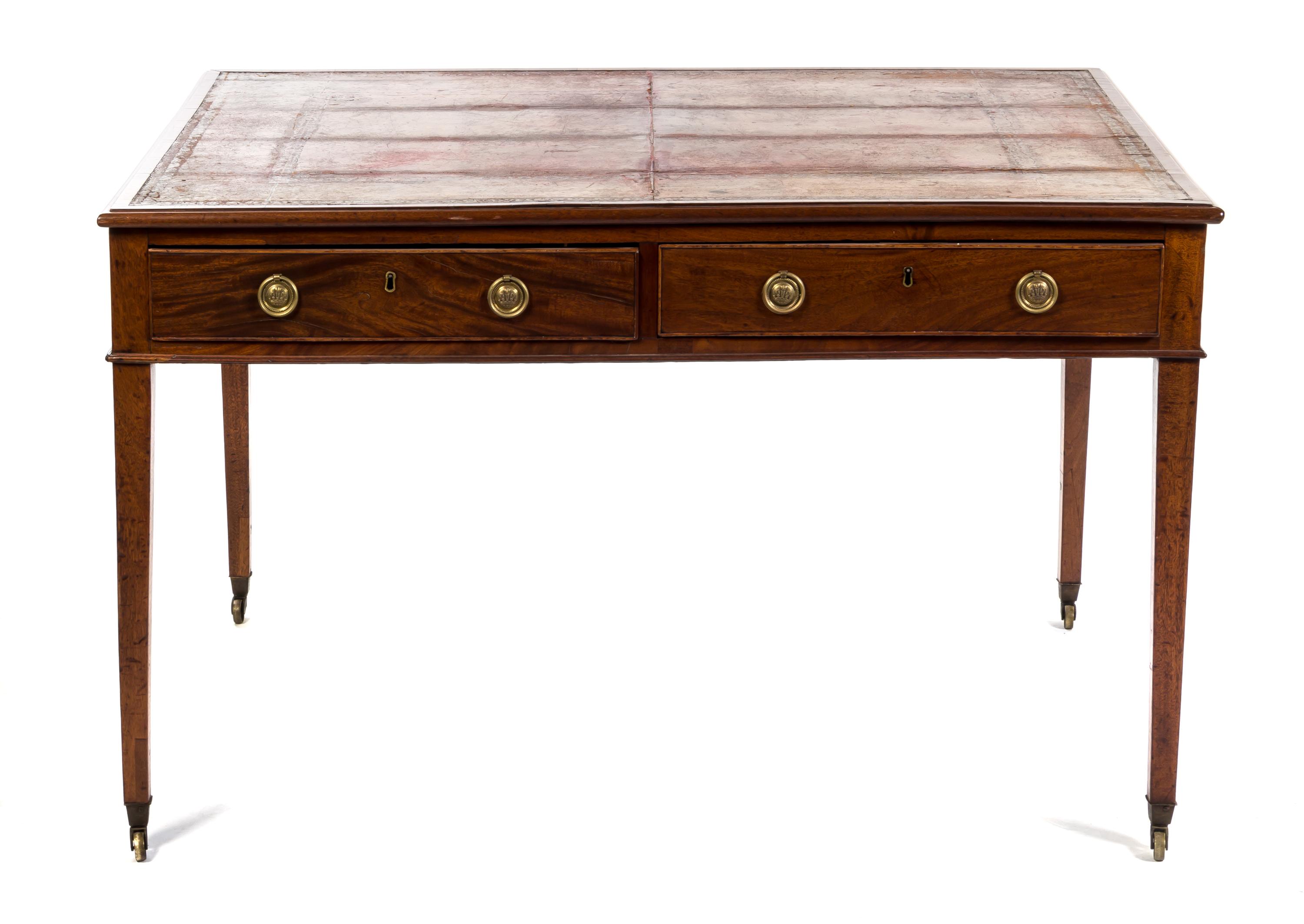 A George III Mahogany Writing Table Height 29 1/2 x width 47 x depth 34 3/4 inches. — EARLY 19TH CENTURY