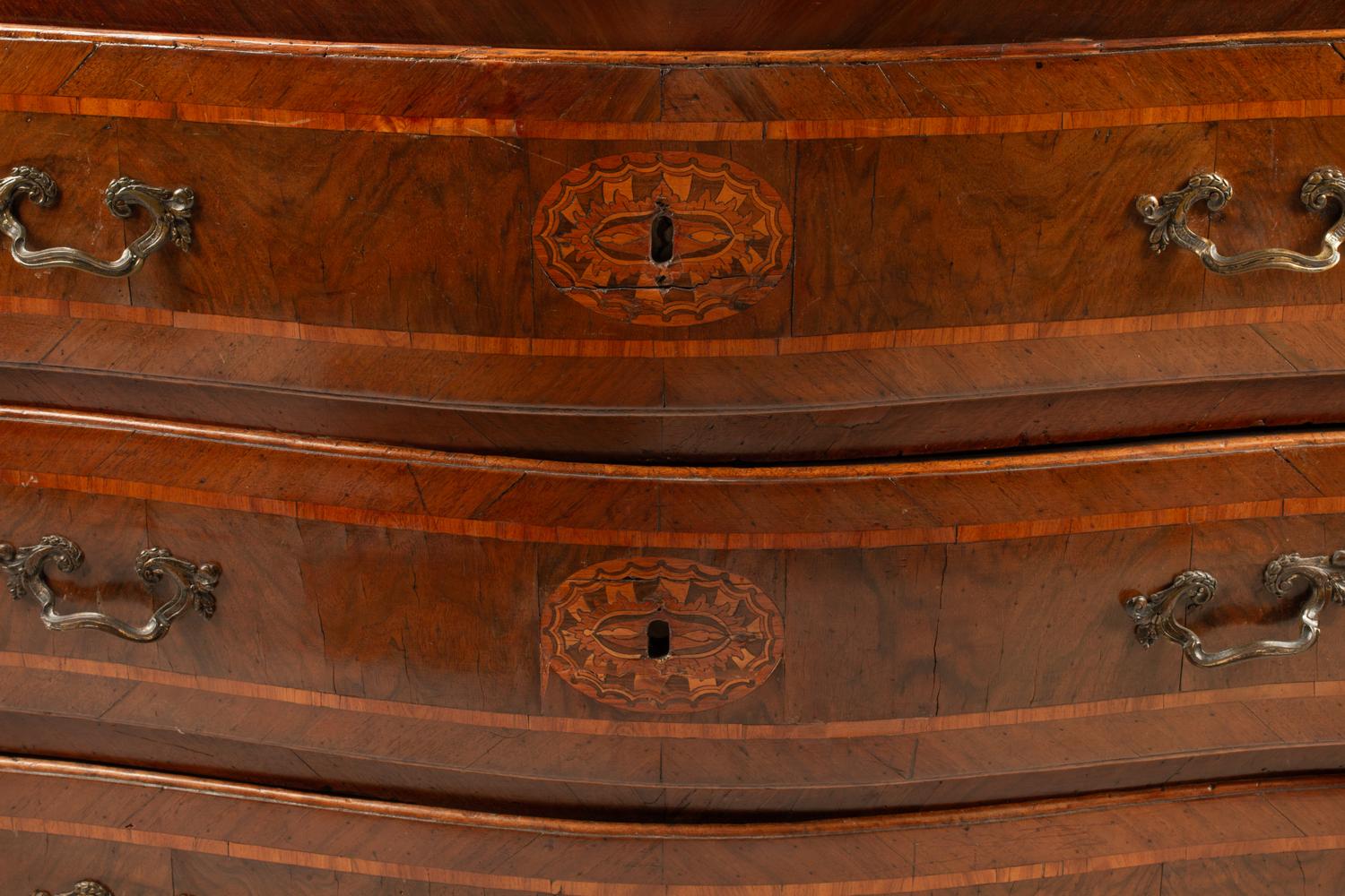 A Neapolitan Walnut and Marquetry Marble-Top Commode