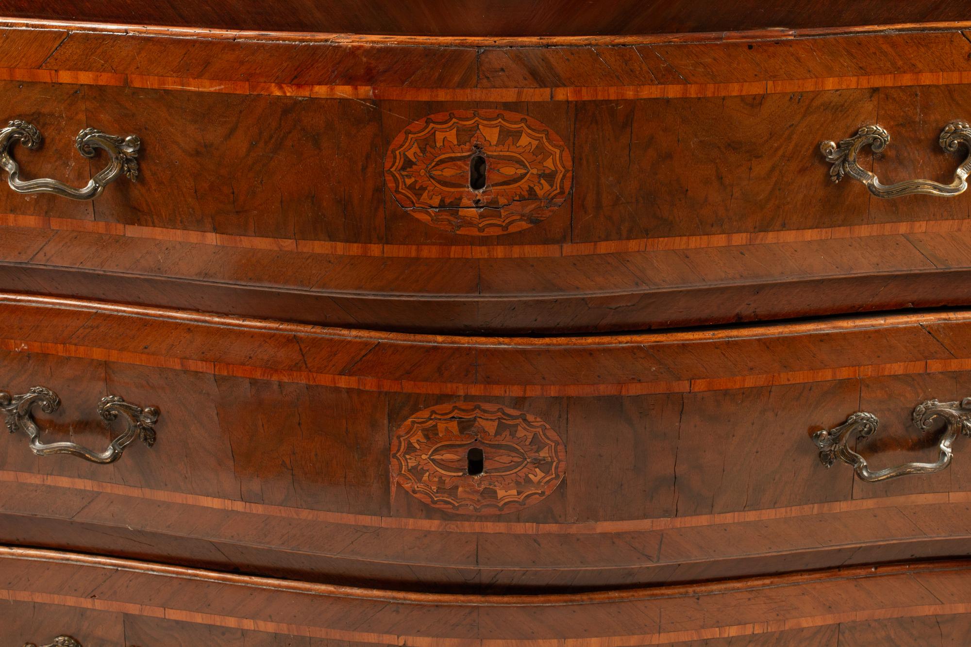 A Neapolitan Walnut and Marquetry Marble-Top Commode