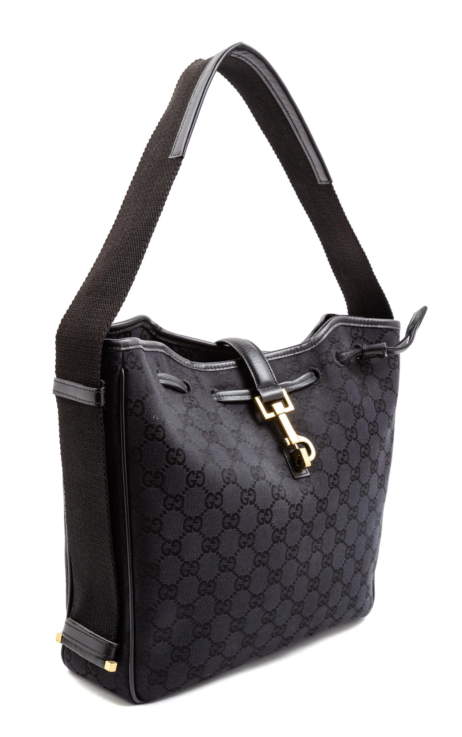 A Gucci Black Monogram Canvas Square Shoulder Bag, 10.5" H x 11" W x 3" D; Shoulder strap: 8.5".