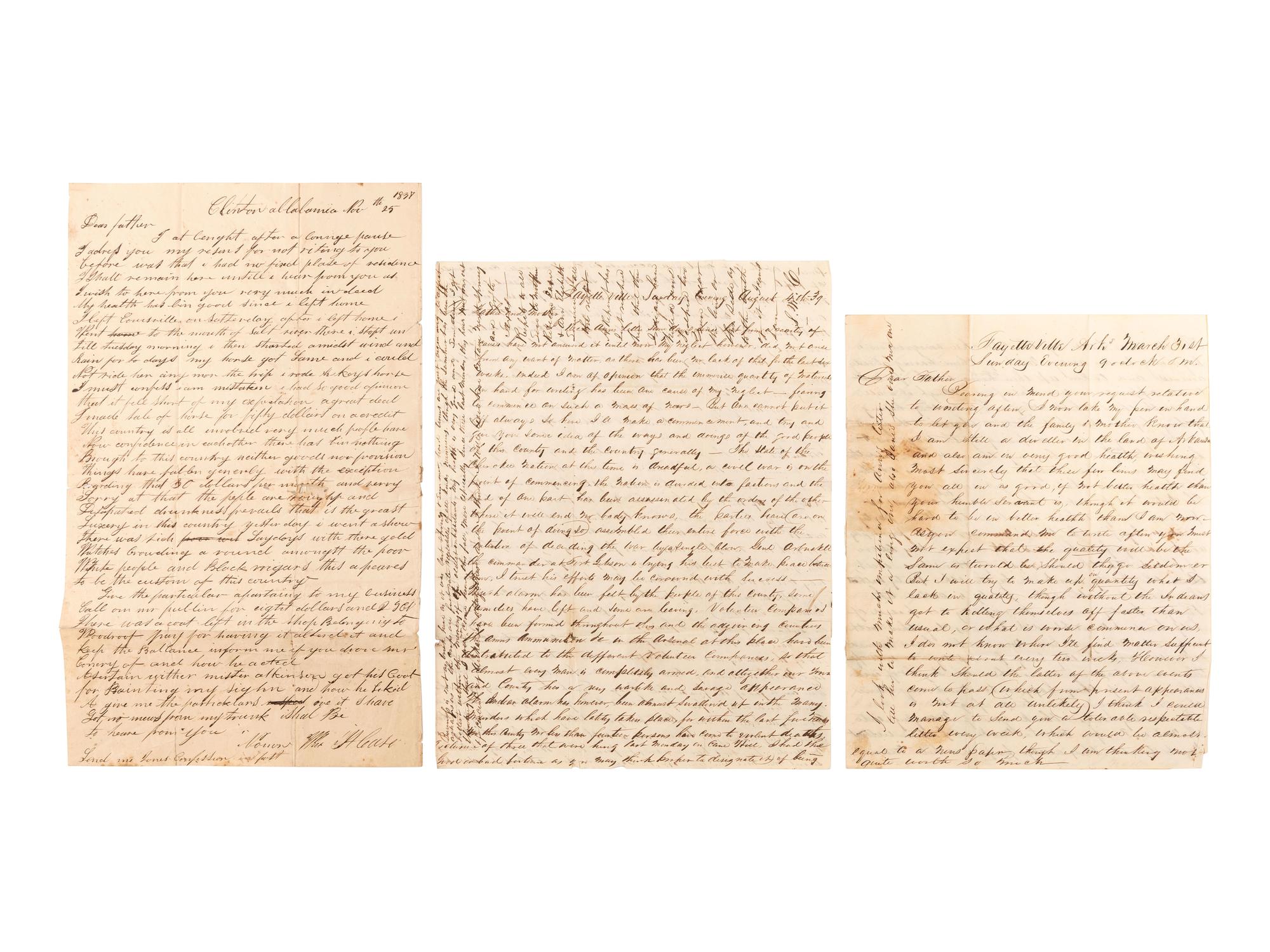 [WESTERN AMERICANA - NATIVE AMERICANS]. A group of 8 letters written by Stuart W. Case (1819-1879), most from Fayetteville, Arkansas, describing the Cherokee and forced emigration on the "Trail of Tears." Ca 1838-1840.