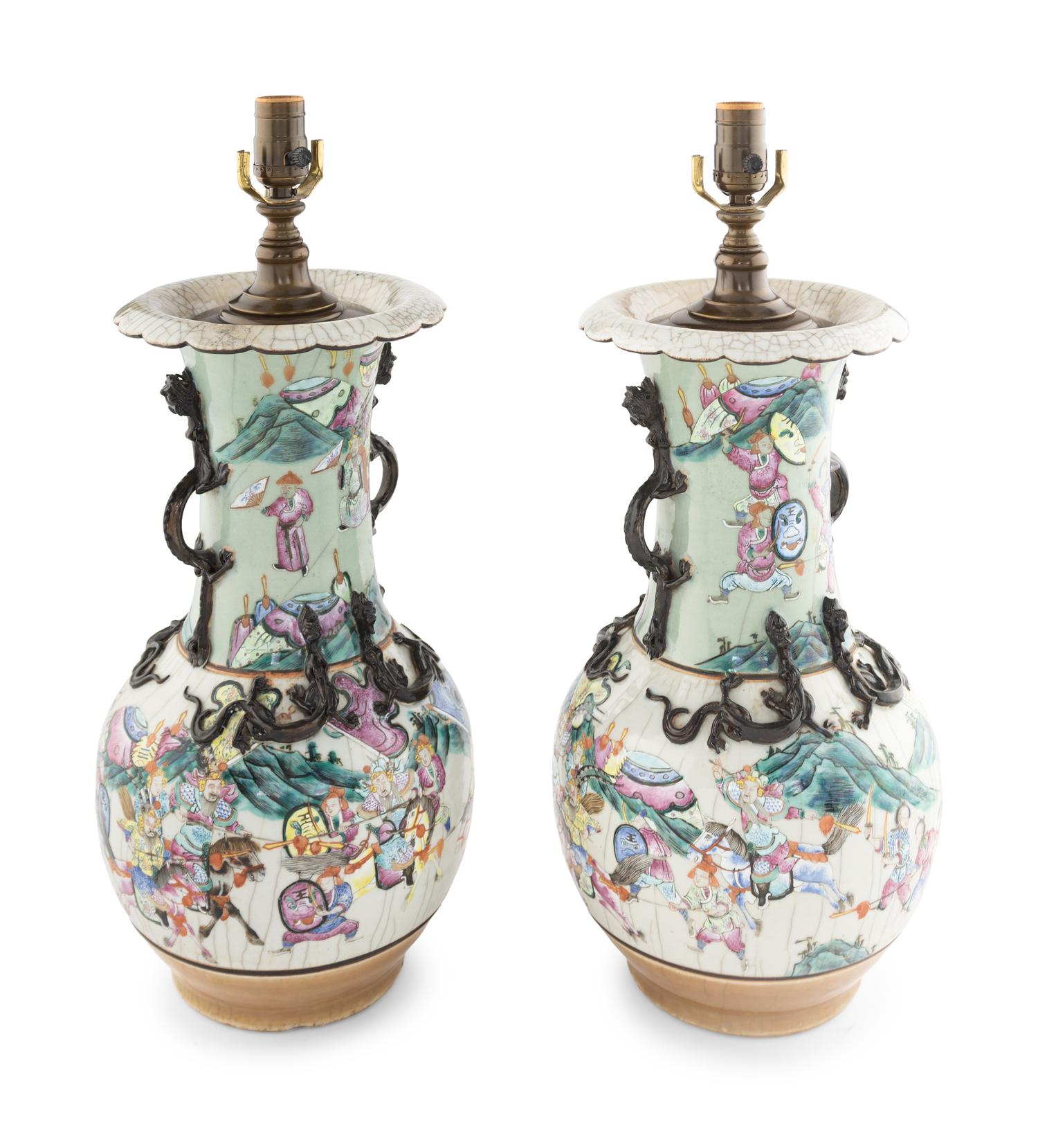 A Pair of Chinese Iron Decorated Famille Rose Porcelain Handled Vases