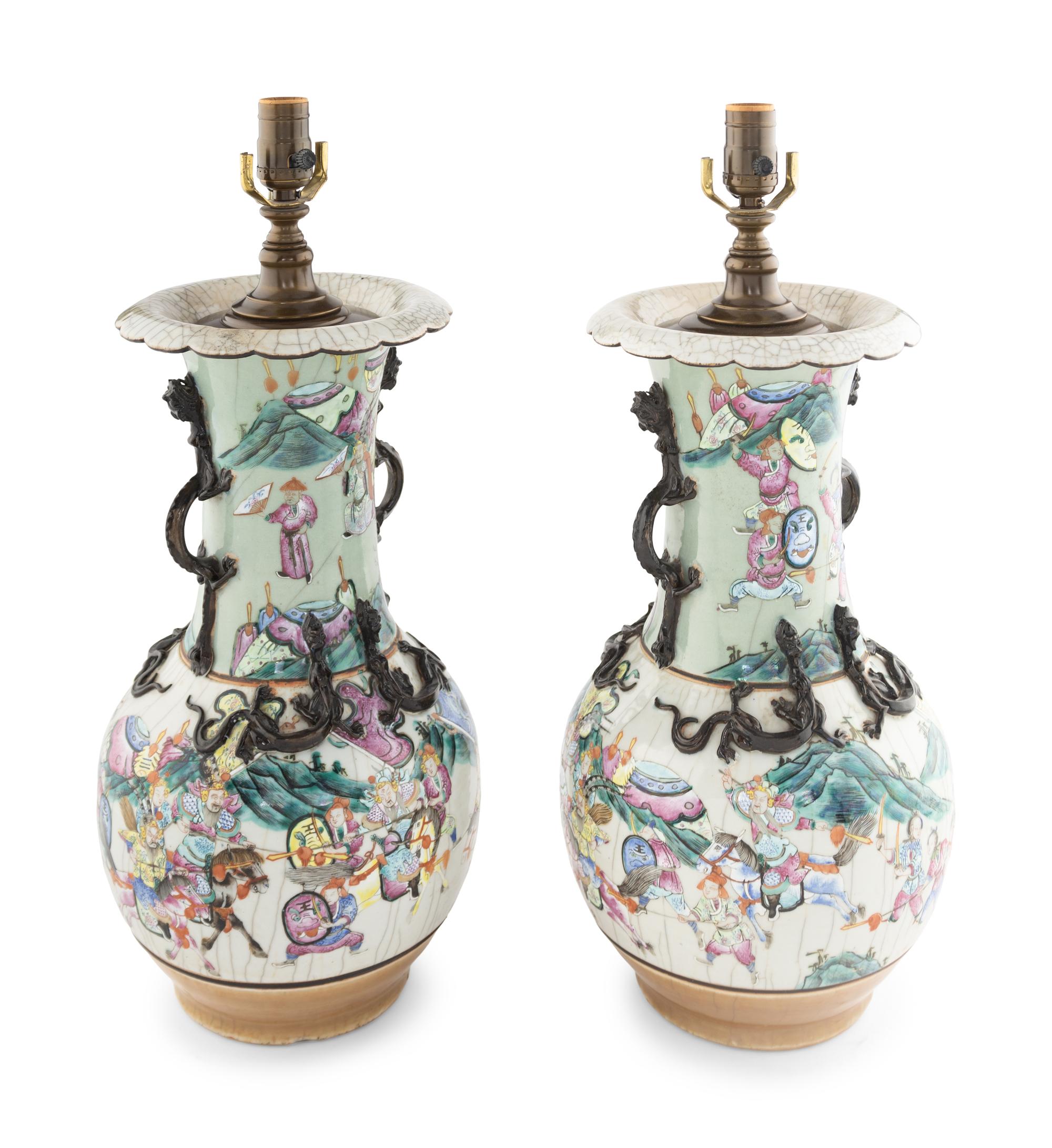 A Pair of Chinese Iron Decorated Famille Rose Porcelain Handled Vases
