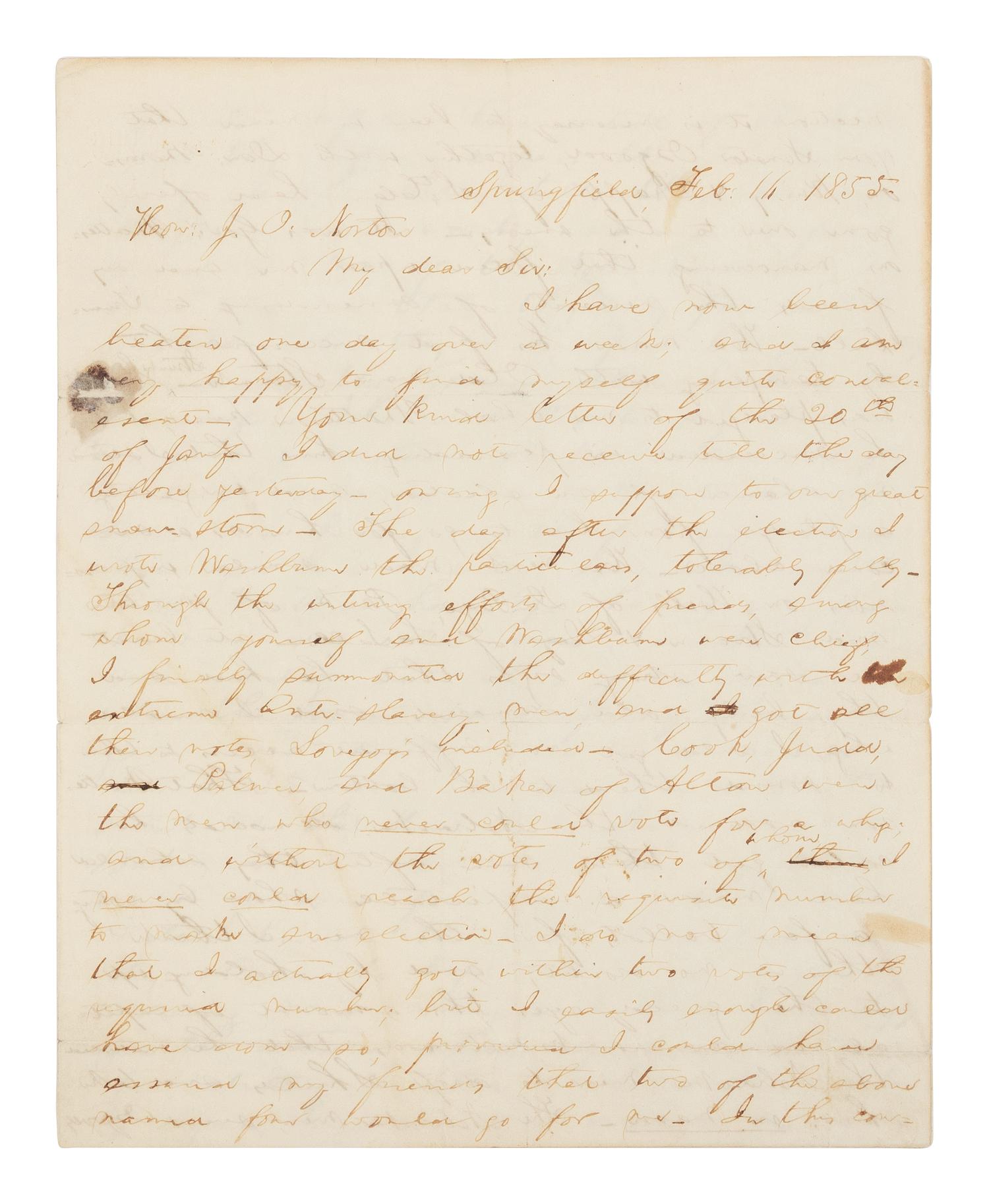 LINCOLN, Abraham (1809-1865). Autograph letter signed ("A. Lincoln") to Jesse O. Norton. Springfield, Illinois, 16 February 1855.