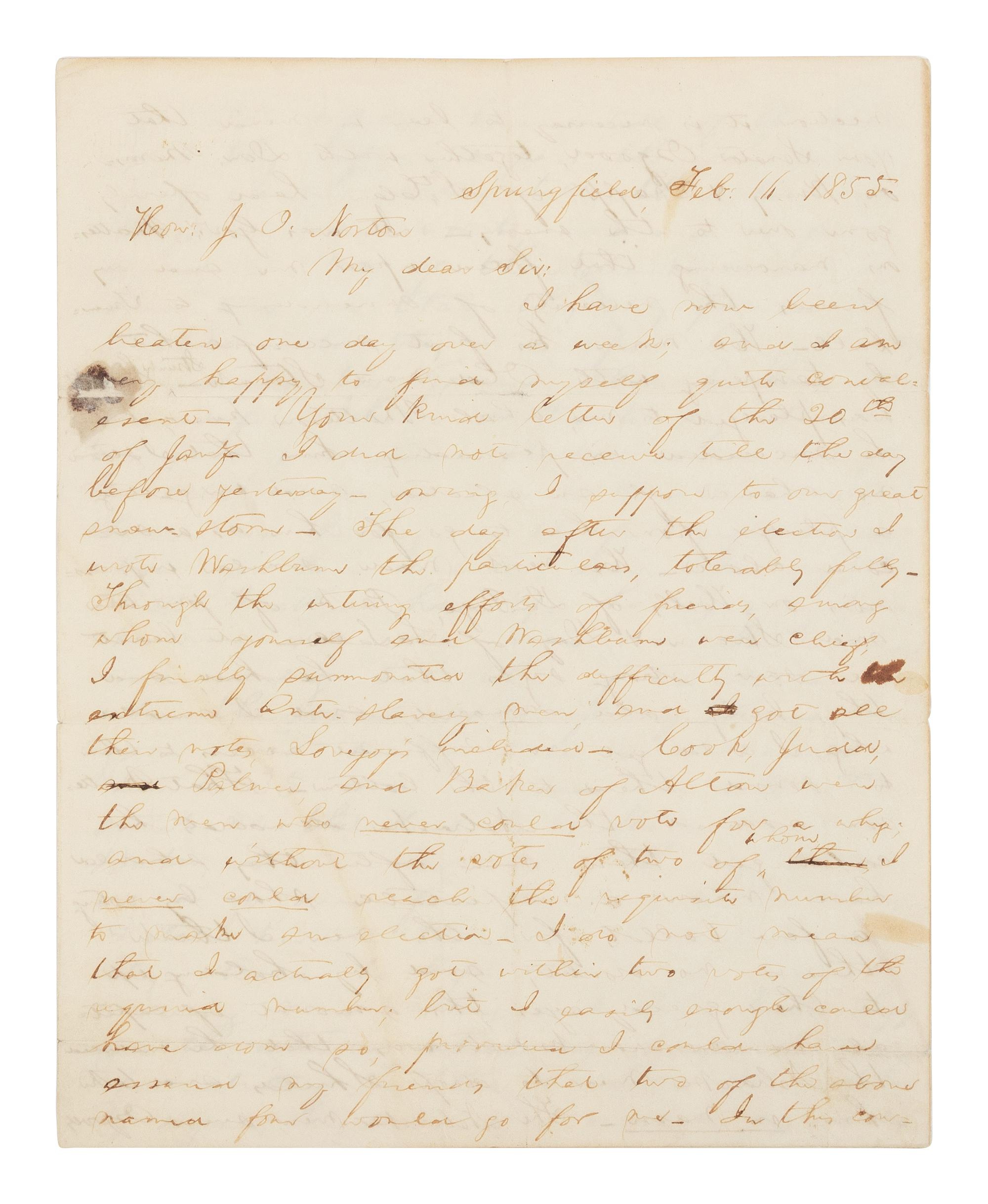 LINCOLN, Abraham (1809-1865). Autograph letter signed ("A. Lincoln") to Jesse O. Norton. Springfield, Illinois, 16 February 1855.