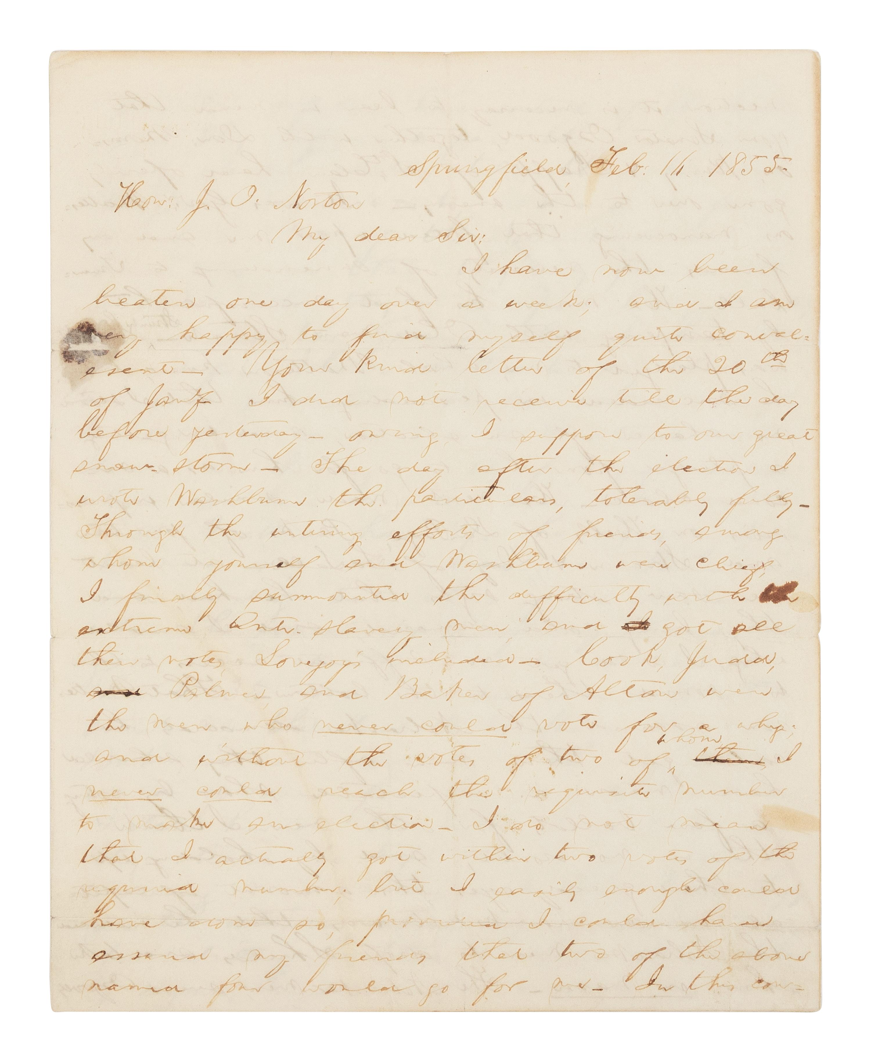 LINCOLN, Abraham (1809-1865). Autograph letter signed ("A. Lincoln") to Jesse O. Norton. Springfield, Illinois, 16 February 1855.