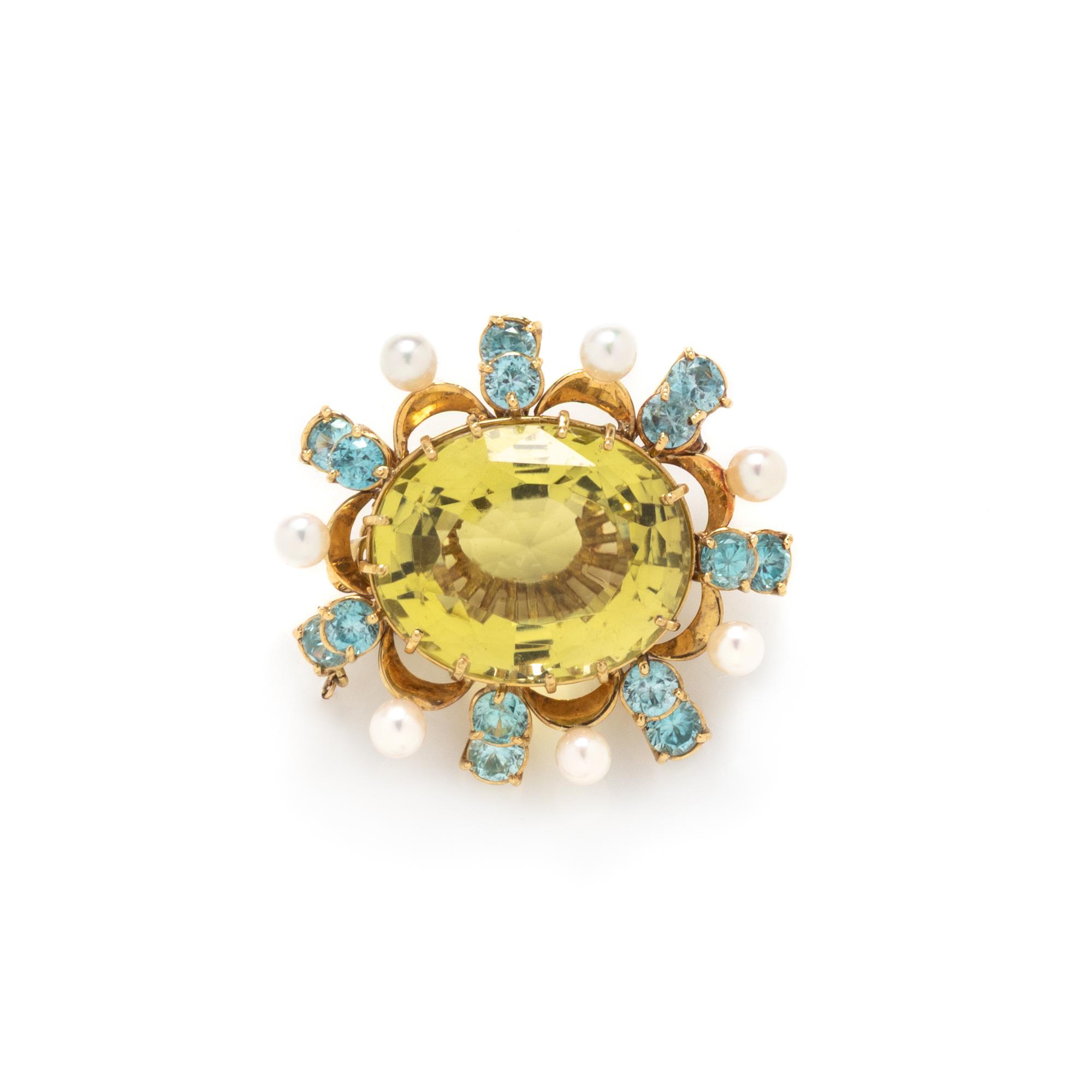 LEMON QUARTZ, BLUE ZIRCON, AND CULTURED PEARL PENDANT/BROOCH