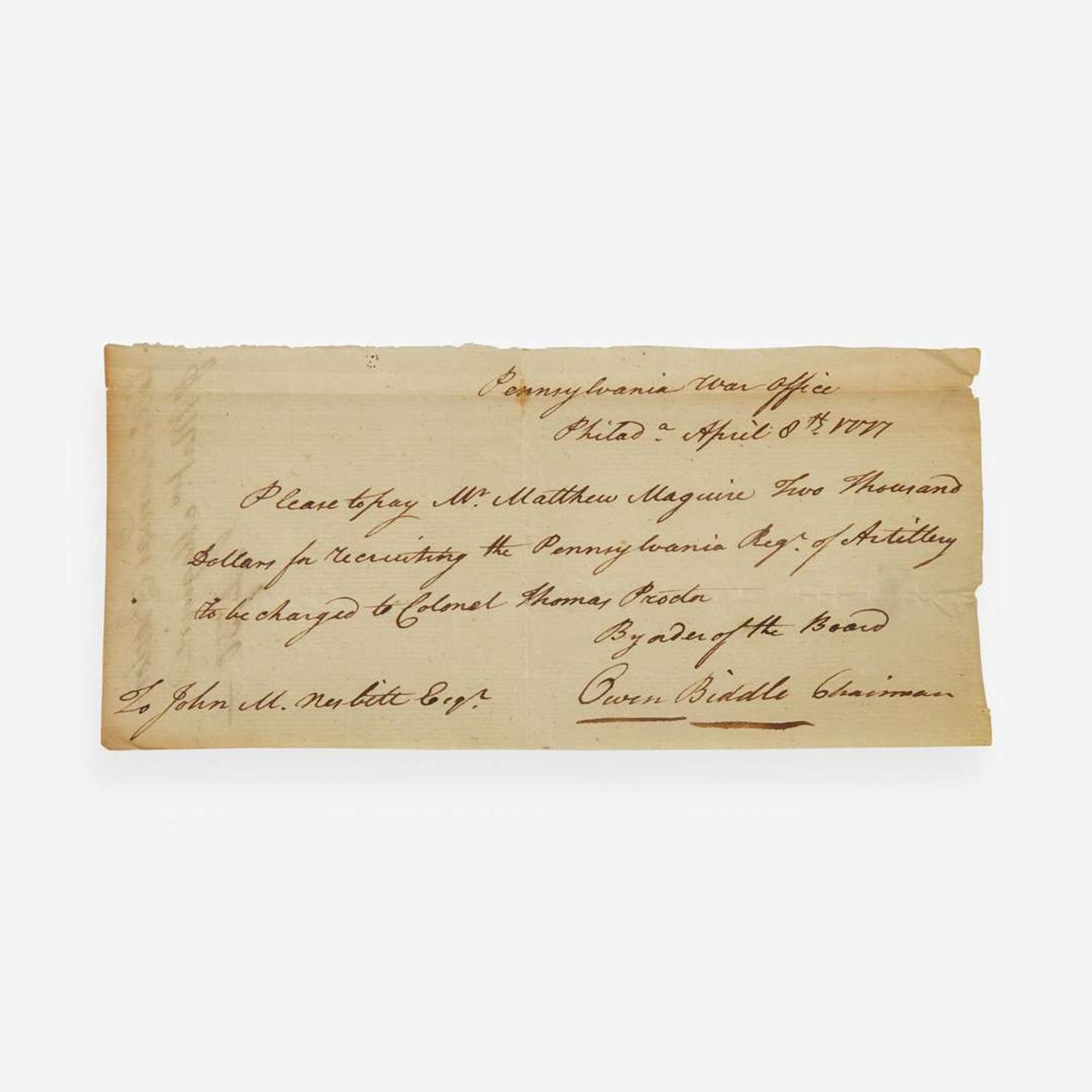 [Americana] Biddle, Clement, and Owen Biddle, and Charles Thomson Group of 5 Documents, signed
