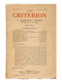 ELIOT, T.S., editor. The Criterion . London: R. Cobden Sanderson, Faber & Gwyer et al. October 1922-January 1939.