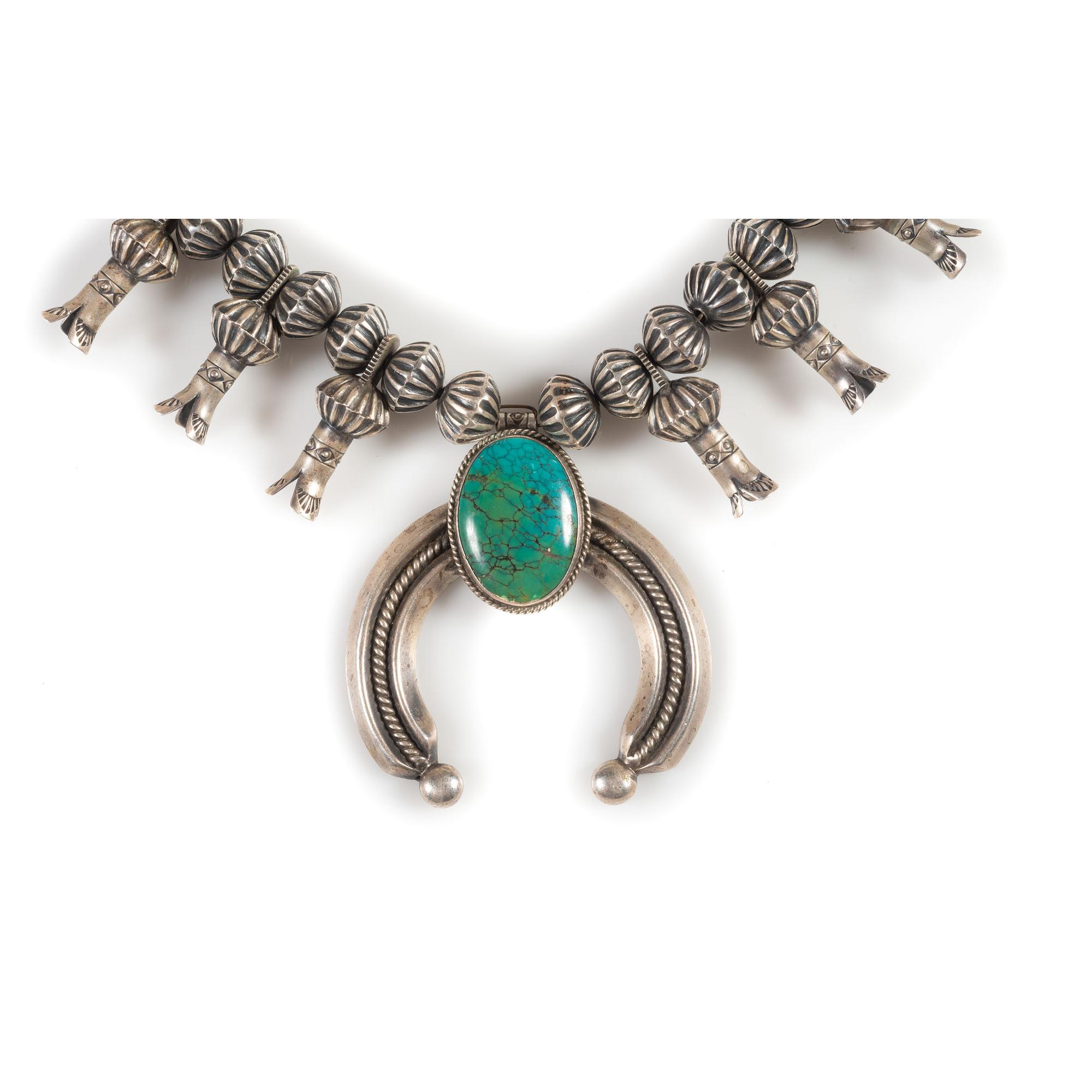 Navajo Sterling Silver and Turquoise Squash Blossom Necklace, with Fluted Beads