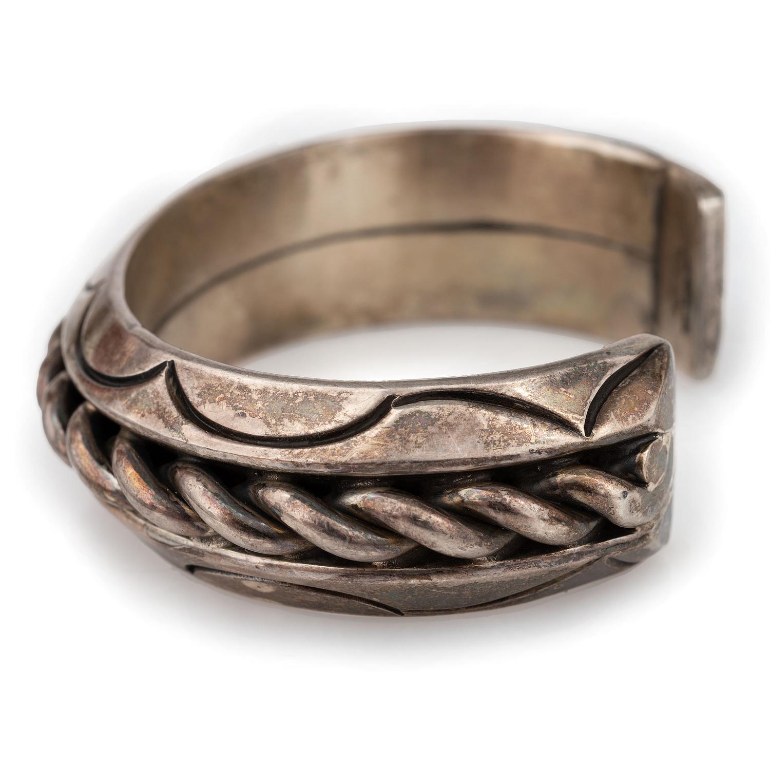 Heavy Stamped Sterling Silver and Twisted Wire Cuff Bracelet