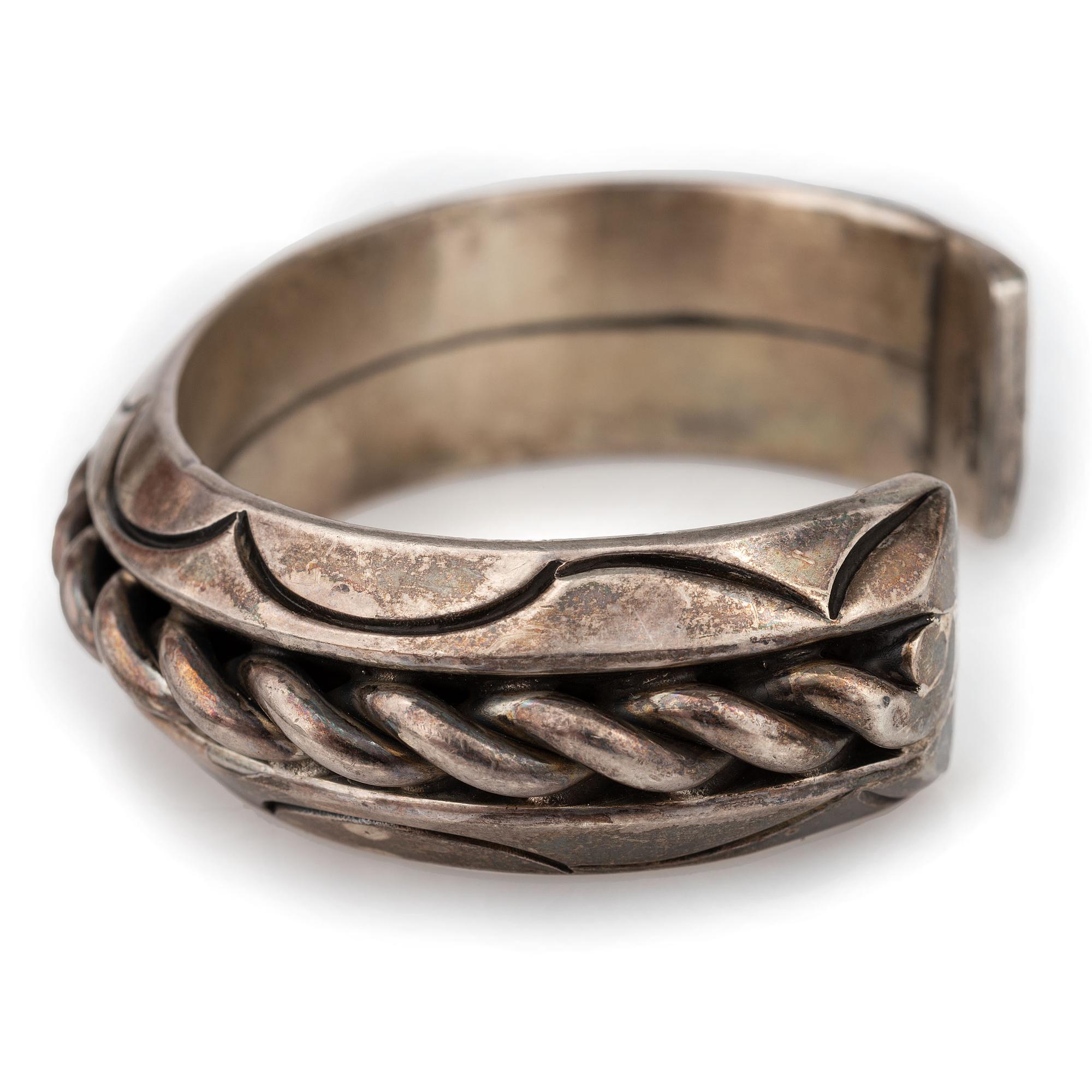 Heavy Stamped Sterling Silver and Twisted Wire Cuff Bracelet