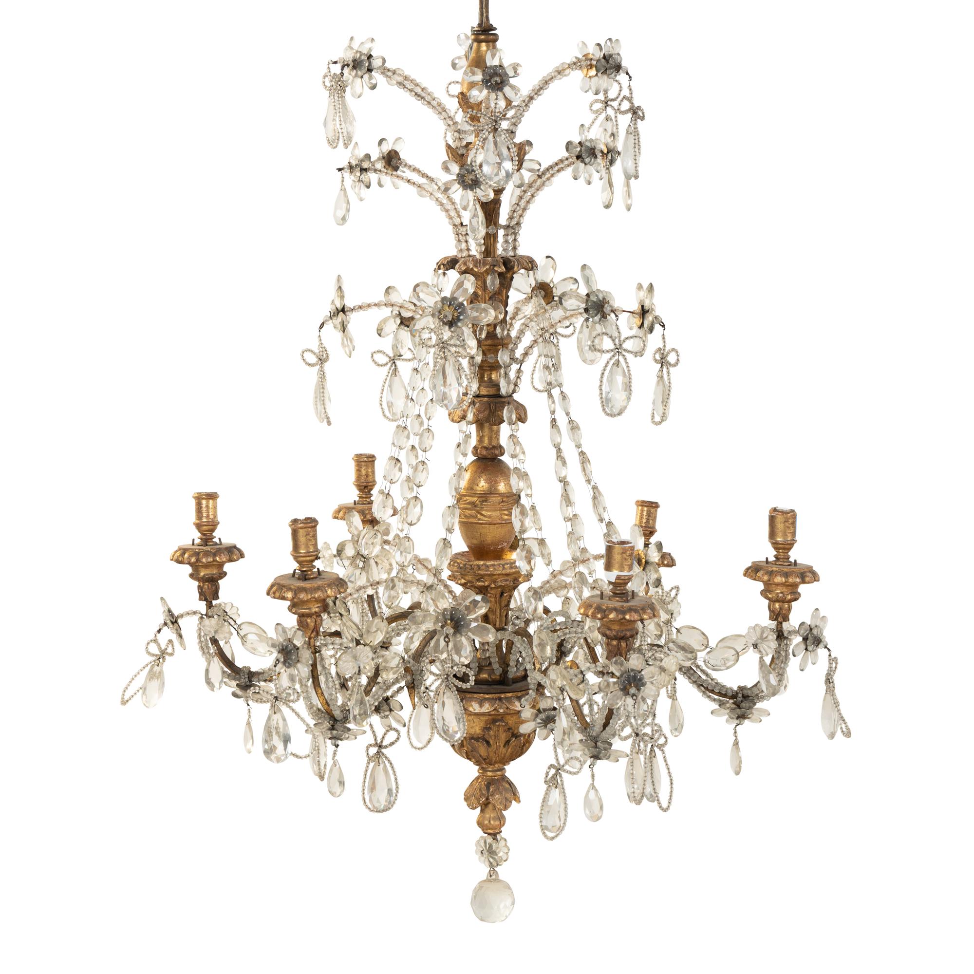 A Pair of Italian Giltwood and Cut-Glass Six-Light Chandeliers