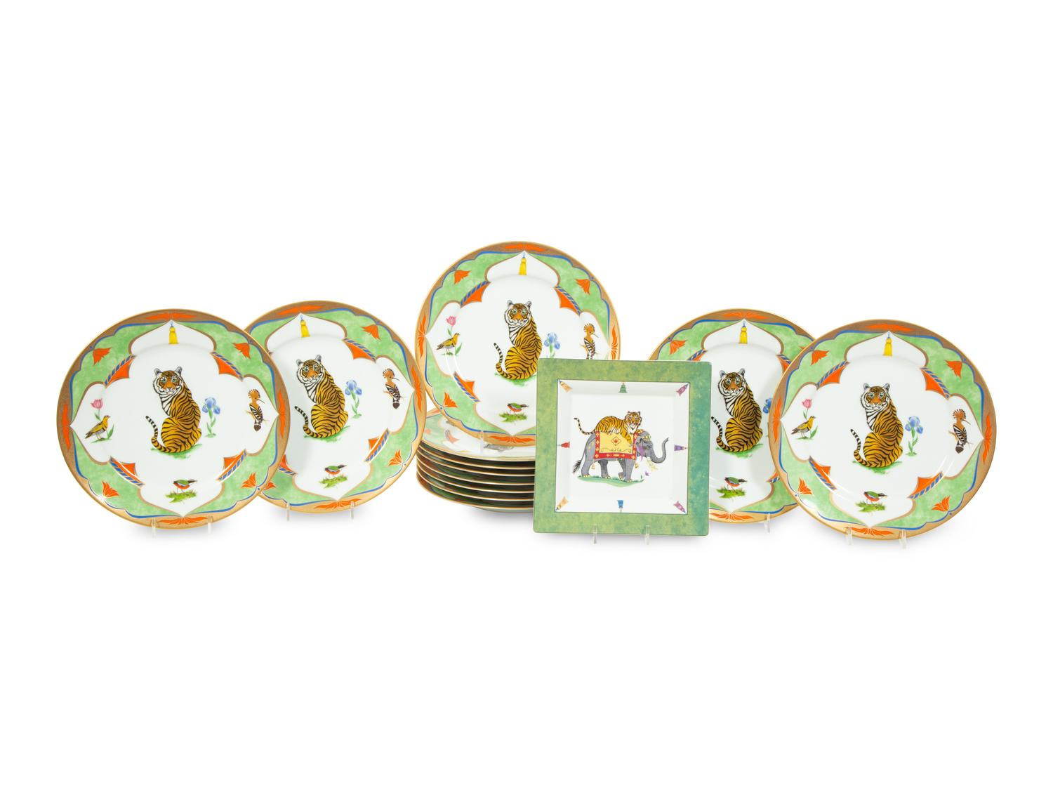 Twelve Lynn Chase Tiger Raj Dinner Plates and a Square Bowl