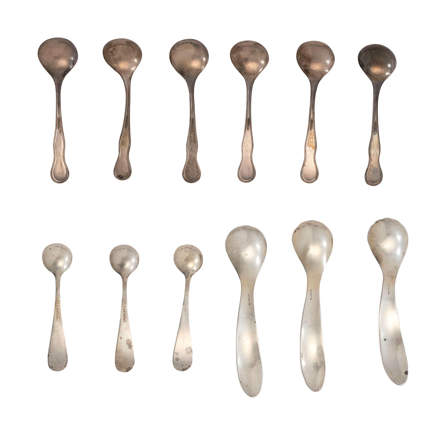 Eighteen American Silver Salt Cellars and Twelve Associated Silver Salt Spoons