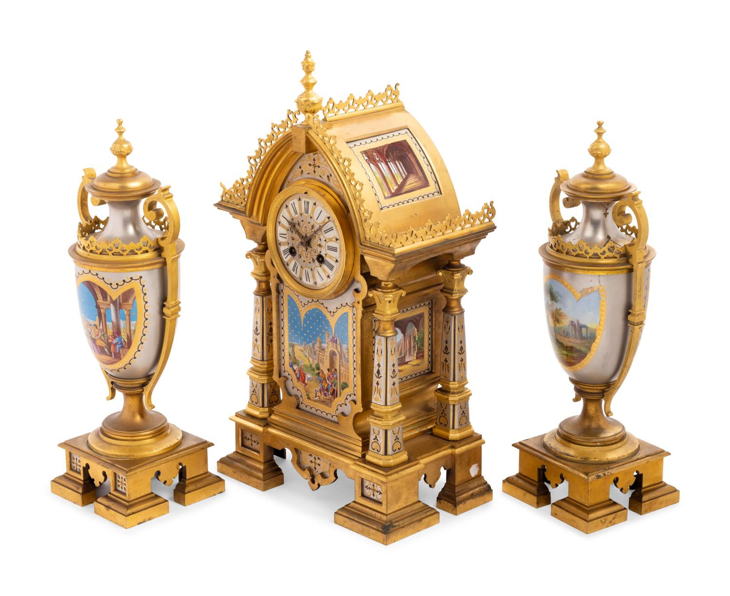 A French Gilt Bronze and Painted Porcelain Clock Garniture