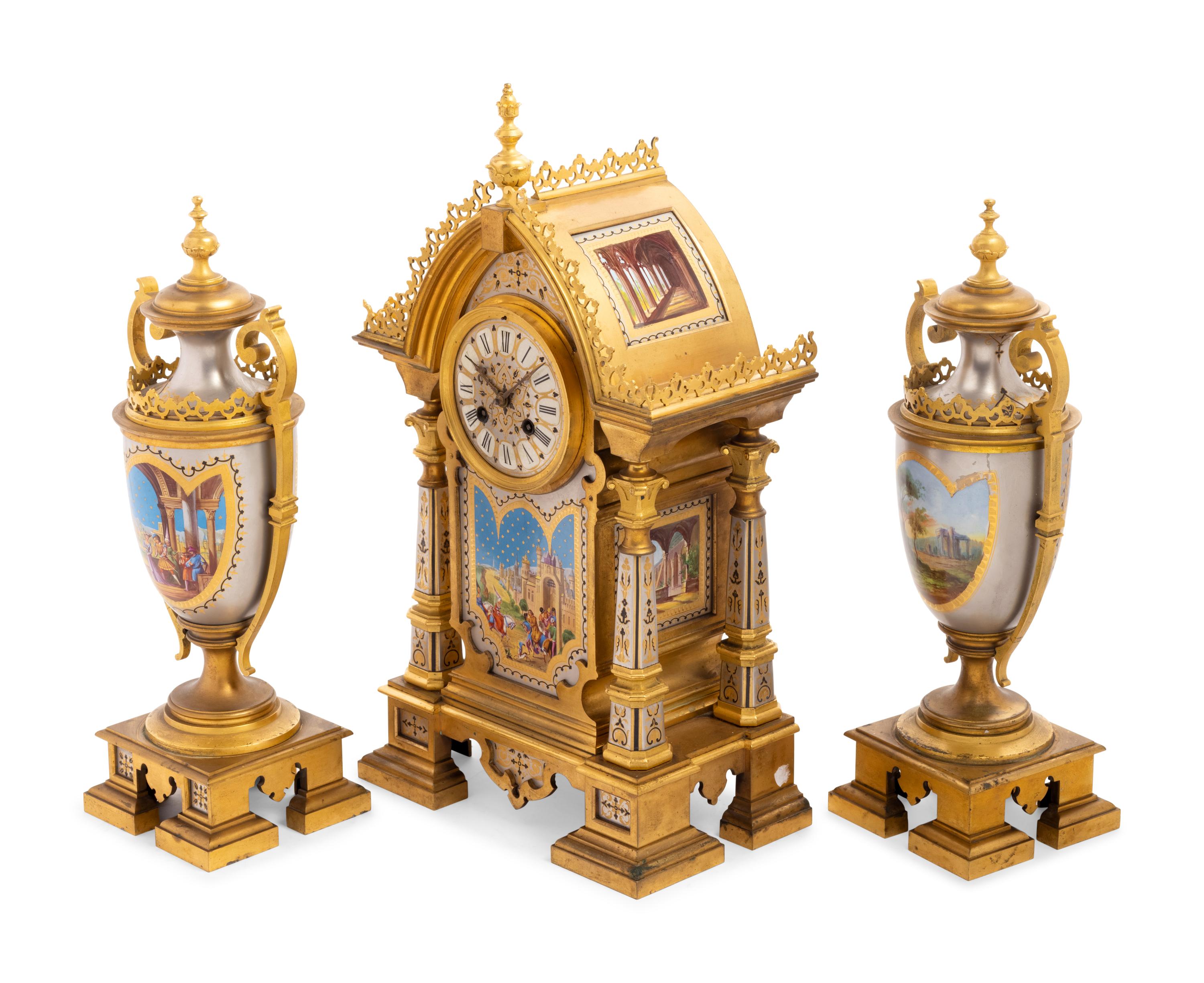 A French Gilt Bronze and Painted Porcelain Clock Garniture