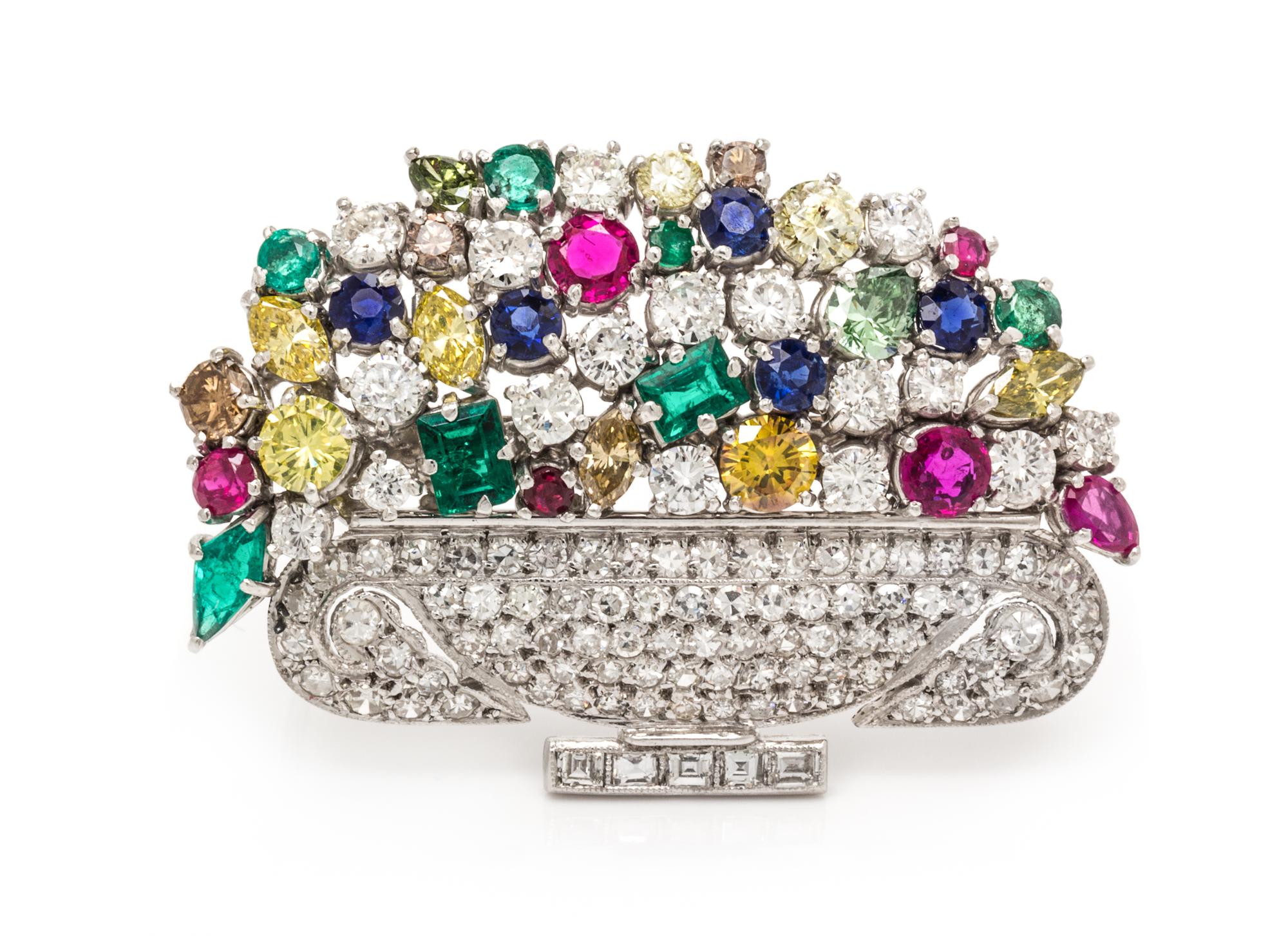 A Platinum, Diamond, Colored Diamond and Multigem Brooch, 13.70 dwts.